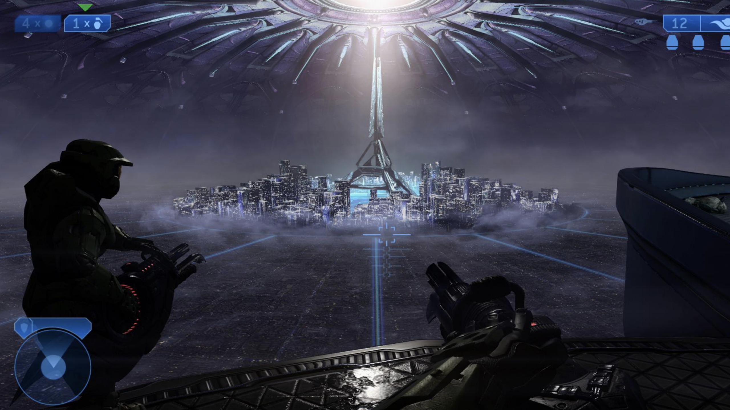 A futuristic city sits under a glowing dome, reminiscent of the vibrant environments found in GTA VI. Two armored figures with weapons stand in the foreground, observing the scene, while a heads-up display with blue icons and a map overlay is visible.