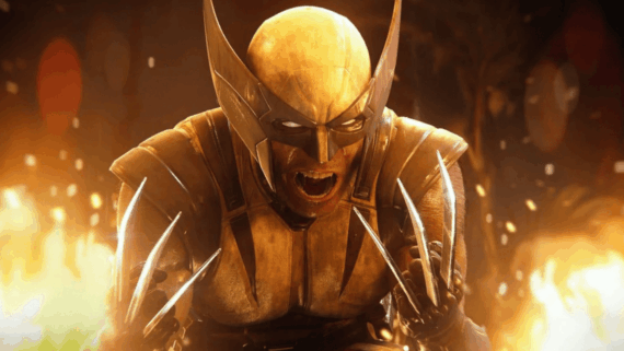 A character in a yellow and black suit with metal claws and a mask snarls fiercely, surrounded by glowing orange flames, ready to leap into intense physical games.