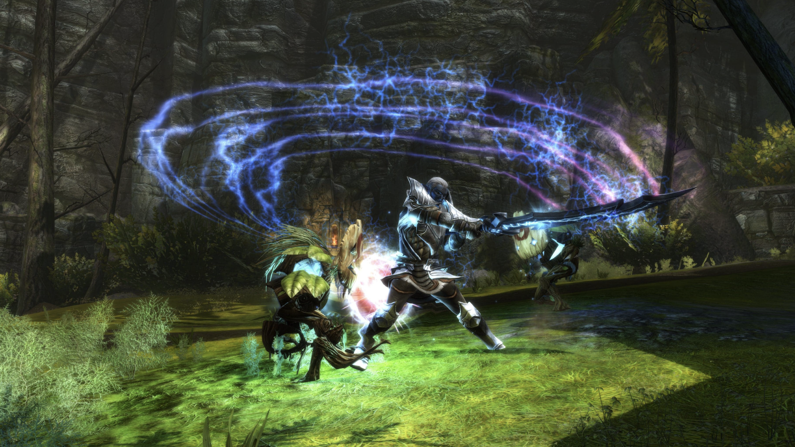A warrior in silver armor wields a glowing sword, surrounded by magical blue energy arcs, battling two plant-like creatures in a lush, green forest setting reminiscent of scenes from expensive games.
