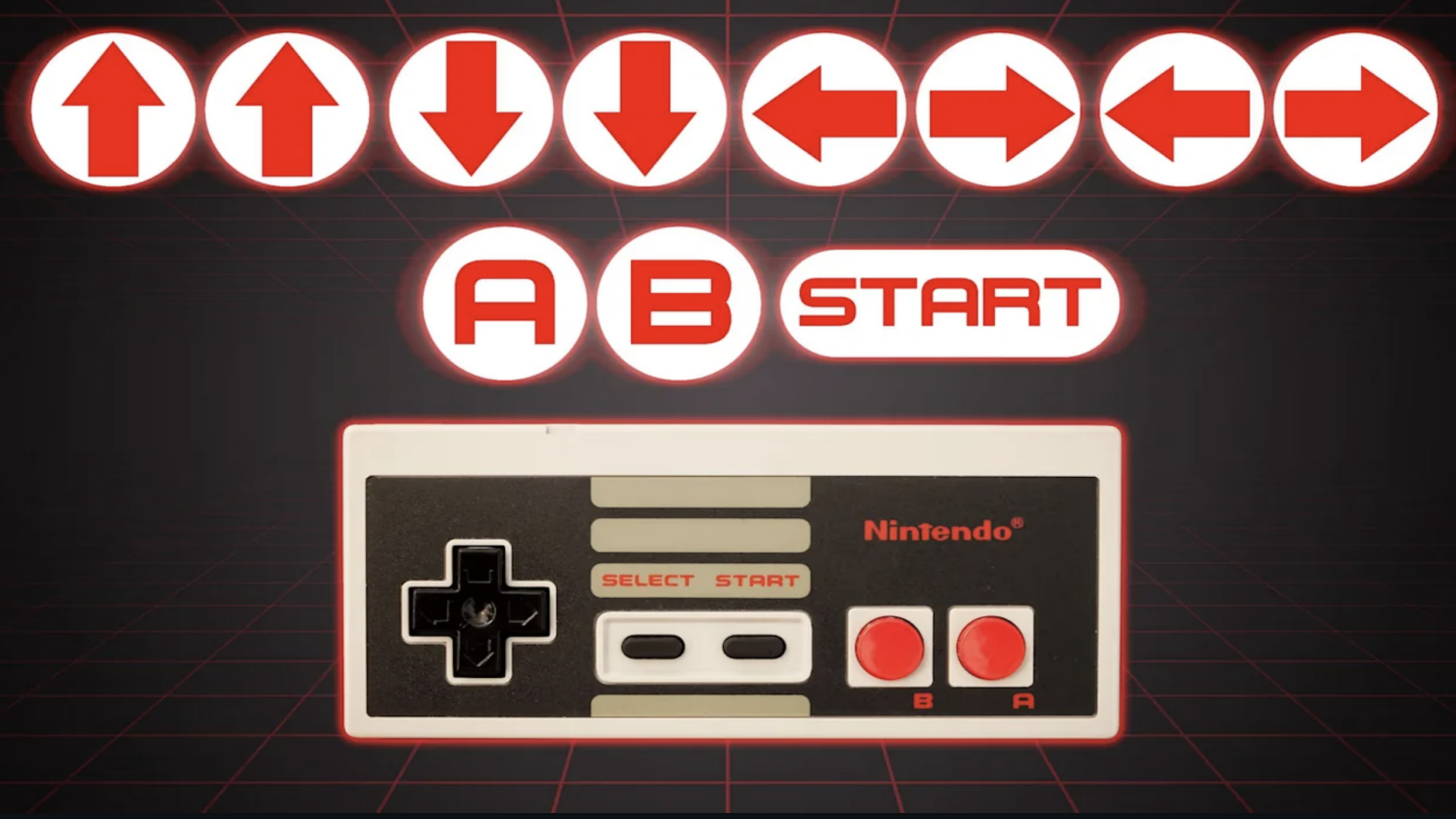 A Nintendo controller below icons showing the Konami Code: up, up, down, down, left, right, left, right, B, A, Start—one of the most legendary Video Game Secrets. The background has a black grid with red lines.