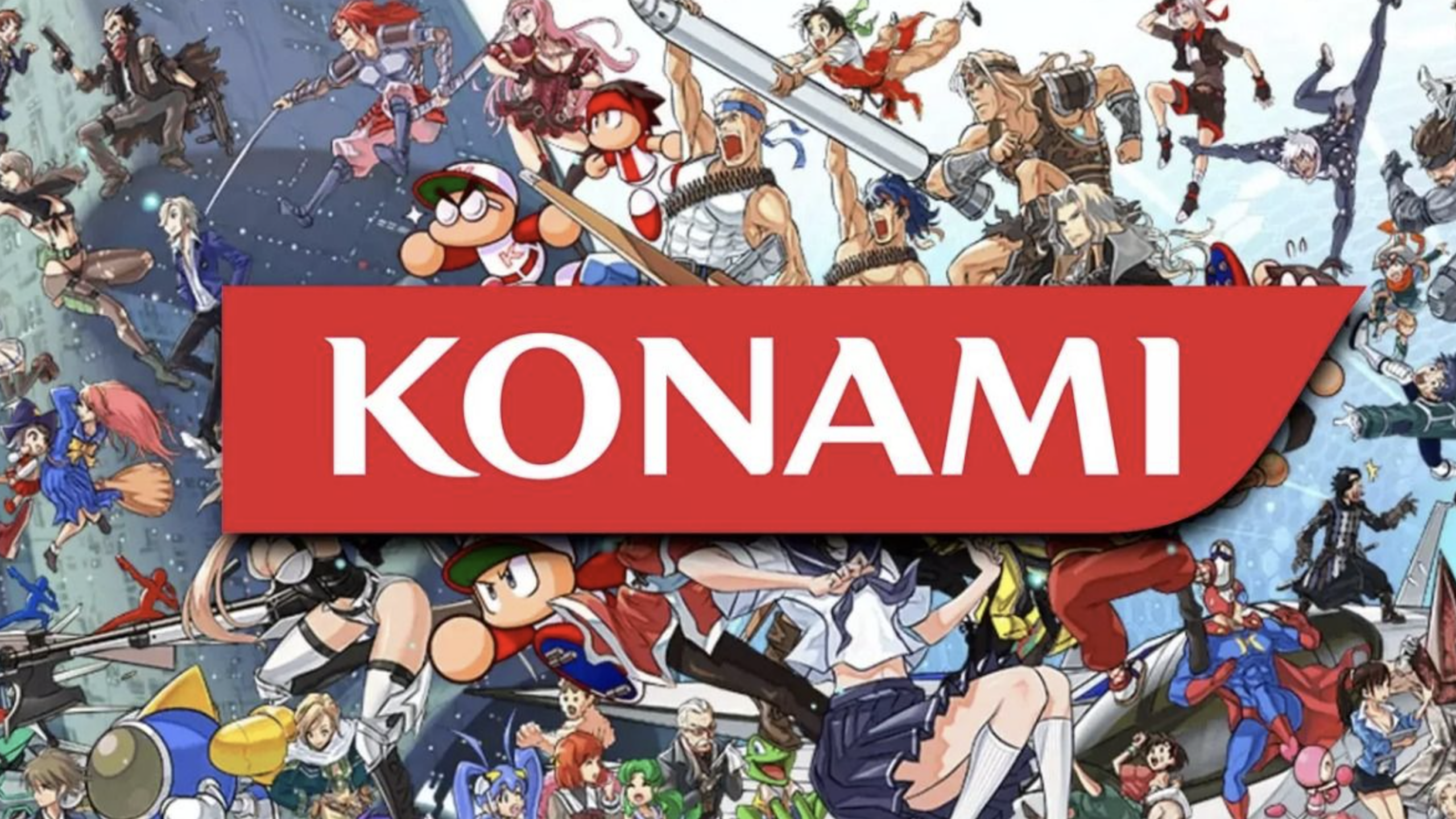 Collage of various anime-style video game characters behind a large red banner with white text reading “KONAMI.” The characters are in dynamic poses, representing different iconic Konami video game franchises.