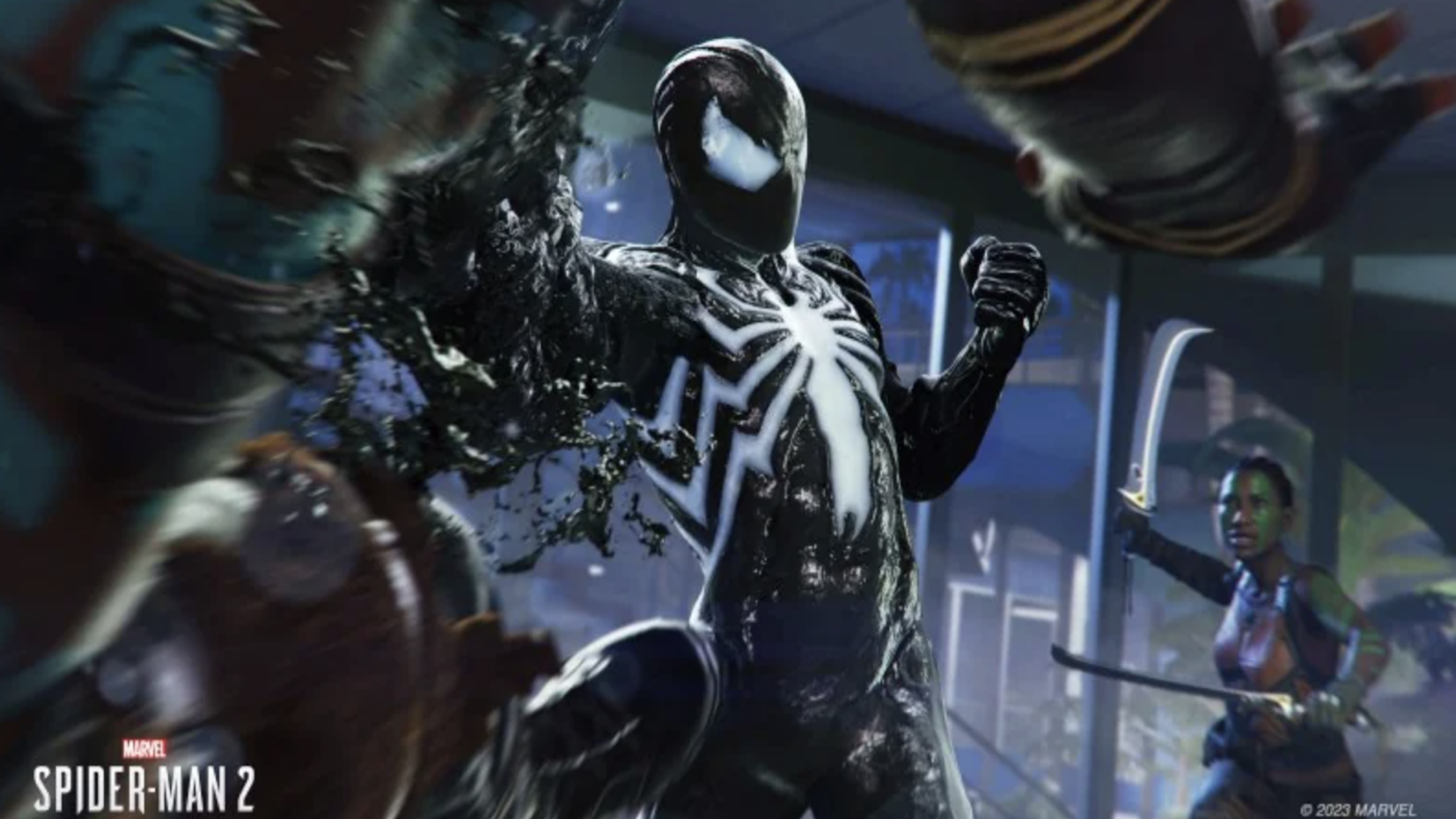 Spider-Man in a sleek black symbiote suit punches an enemy while another attacker with a sword approaches from behind. The background features shattered glass and a vibrant cityscape, emphasizing the action-packed world of Spider-Man. The "Marvel Spider-Man 2" logo is visible.