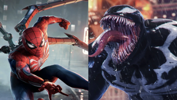 Split image: On the left, Spider-Man in his red suit with mechanical arms extended. On the right, Venom&mdash;a black-suited figure with a large mouth, sharp teeth, and tongue extended&mdash;looms in a rainy city setting reminiscent of GTA VI&rsquo;s urban landscape.