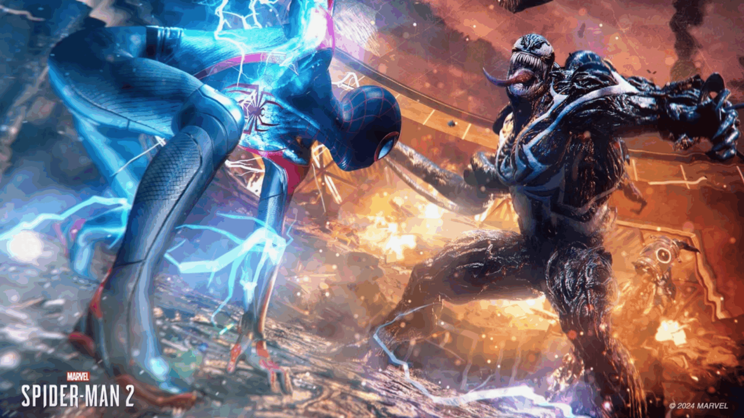 In this electrifying scene, Spider-Man faces off against Venom in a dramatic, action-filled showdown with electric blue and fiery orange effects. Both Spider-Man and his formidable foe appear ready to attack, capturing the intense energy of their rivalry. The "Spider-Man 2" logo and Marvel copyright appear in the corner.