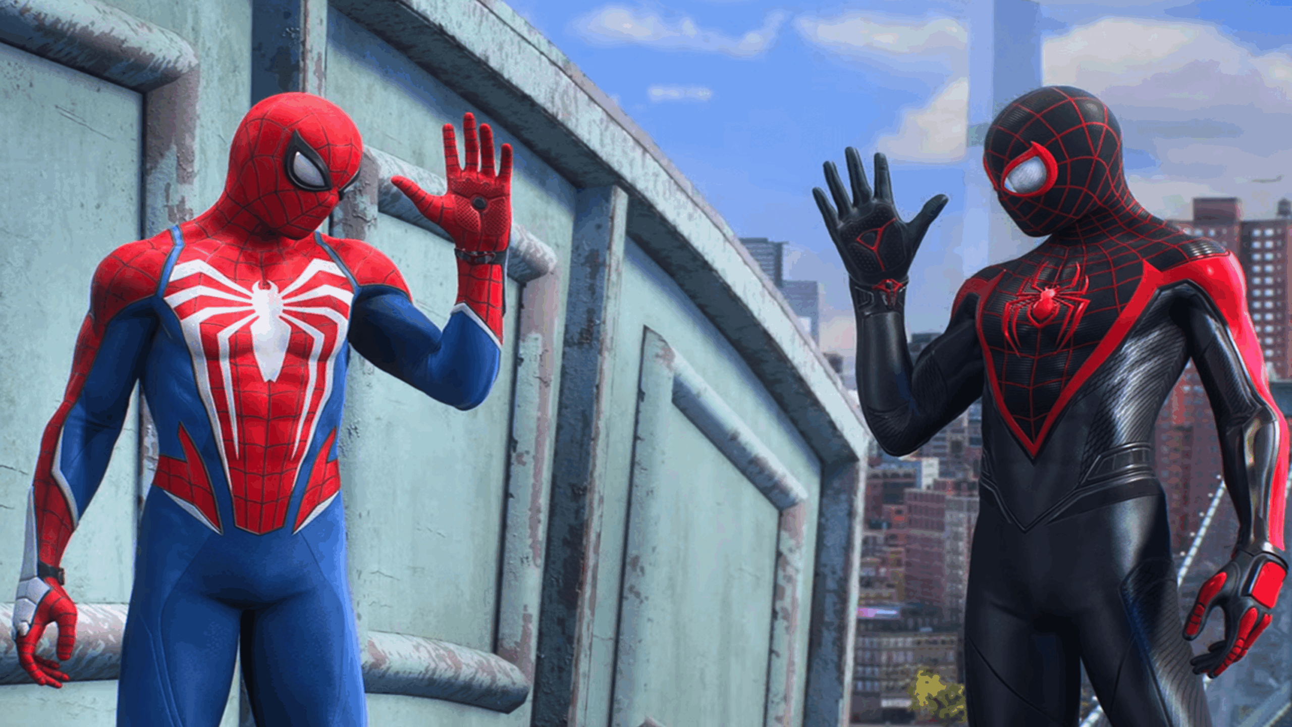 Two Spider-Men, each donning iconic Spider-Man suits—one in classic red and blue, the other in striking black and red—stand on a rooftop in a city, facing each other and raising their hands as if about to high-five.