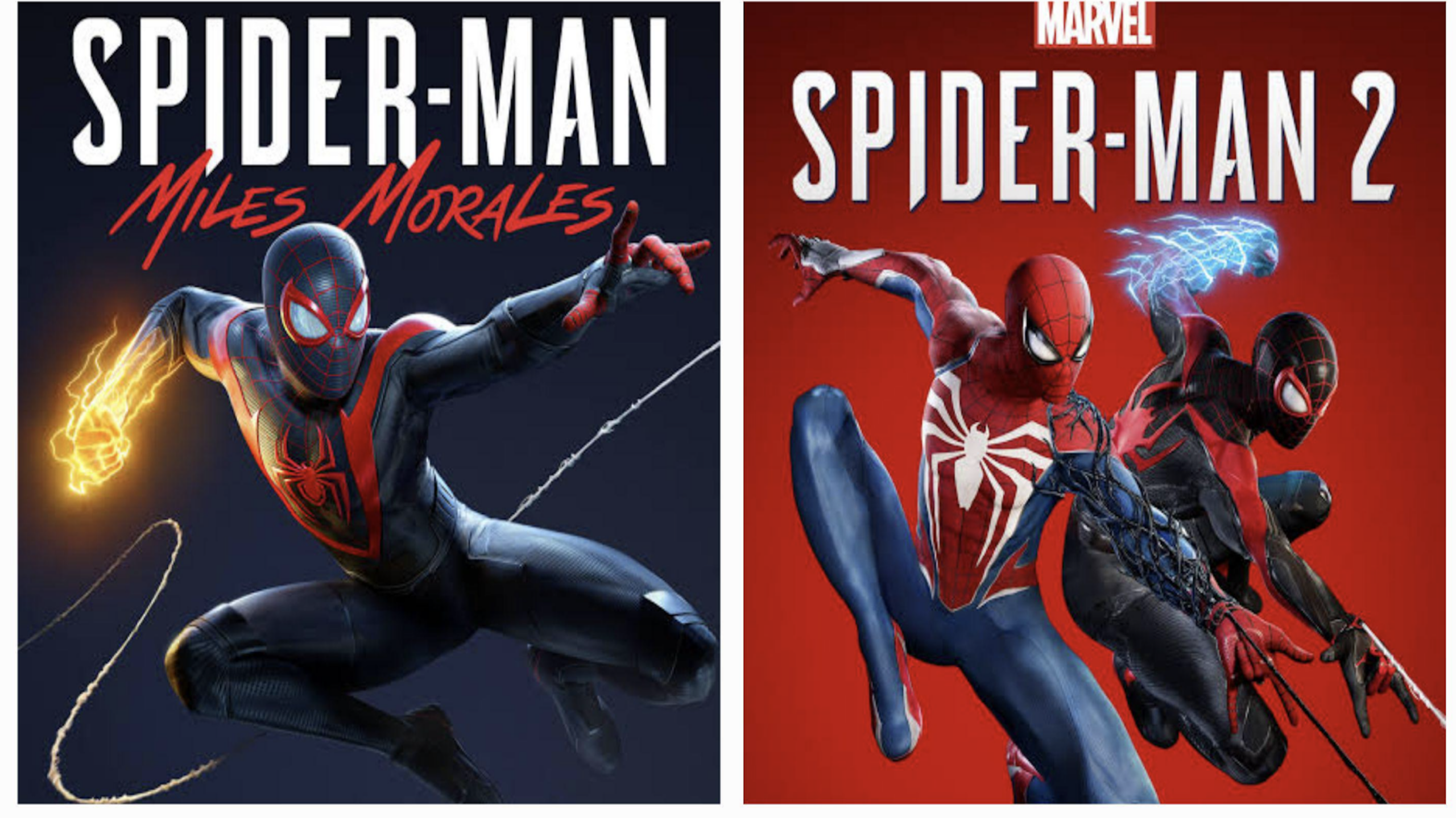 Two video game covers: left shows Spider-Man in a black suit with red accents, labeled “Miles Morales.” Right shows two Spider-Men, one with blue lightning, labeled “Spider-Man 2.” Both feature iconic Spider-Man action poses against dramatic dark backgrounds.