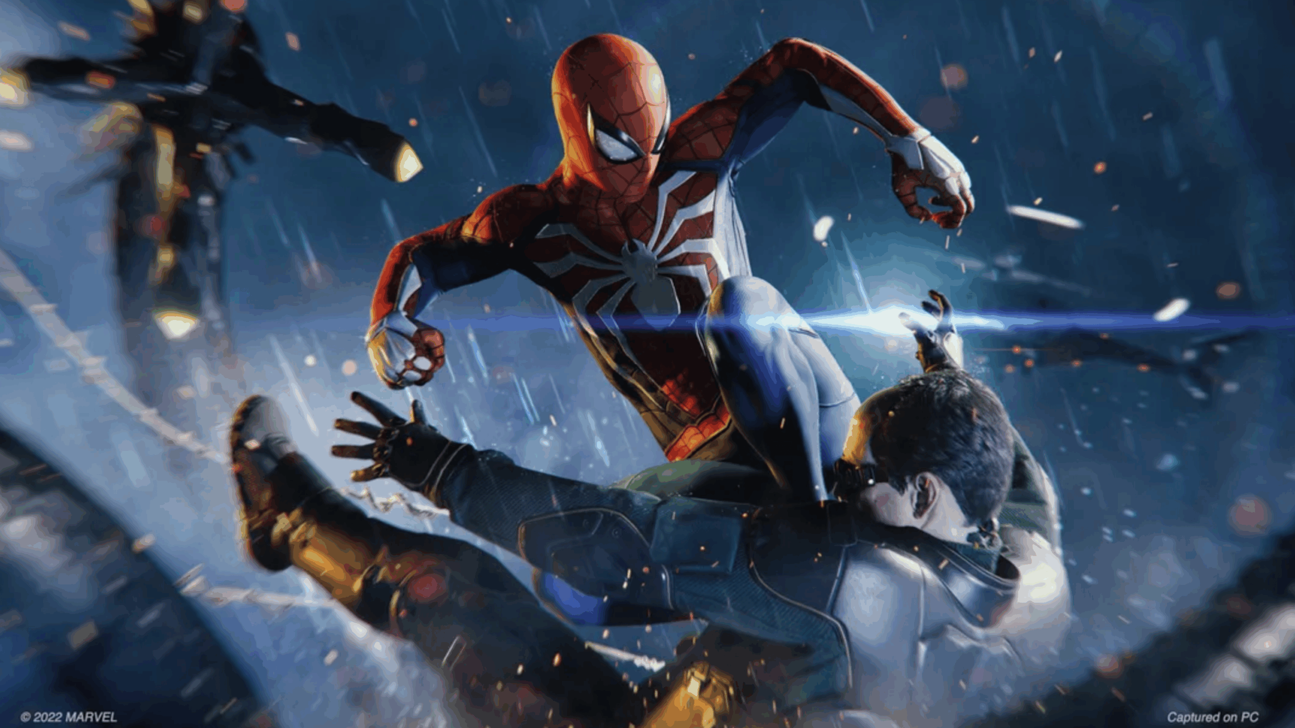 Spider-Man punches a foe in mid-air during a rainy night, with sparks flying and intense action. A mechanical arm is visible on the left side, highlighting Spider-Man's fierce battle against a formidable adversary.
