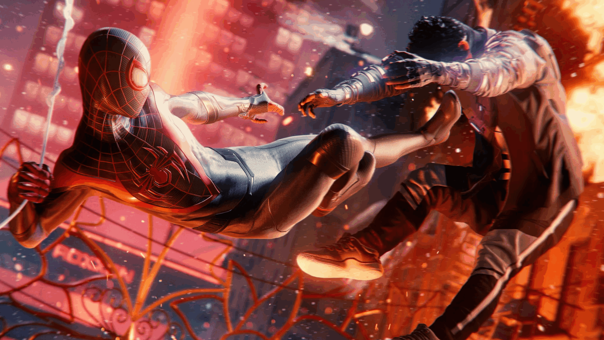 Spider-Man, donning his sleek black suit, kicks an opponent backward amid a fiery cityscape at night. Sparks fly and motion blurs through the intense orange lighting, perfectly showcasing Spider-Man in this action-packed scene.