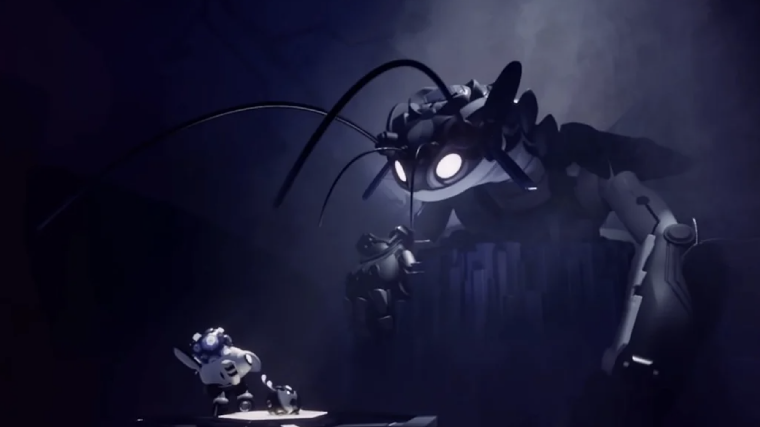 A small robot stands on a lit platform, ready for physical games, facing a much larger, insect-like robot with glowing eyes and antennae in a dark, shadowy environment.