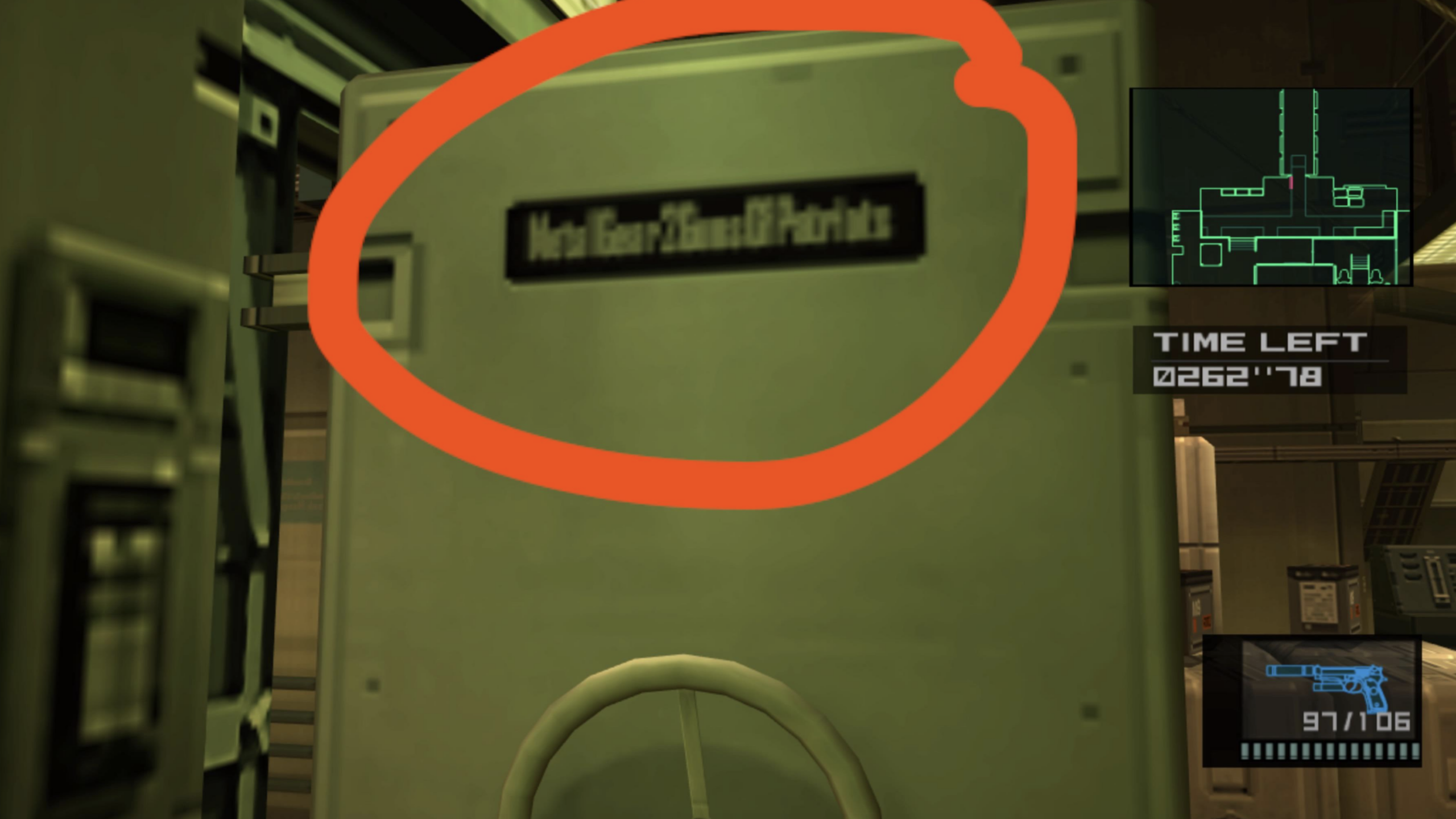 A screenshot from a video game shows a metal locker circled in red, with a label that reads "Metal Gear Sauce of Pants." A mini-map, timer, and ammo count are visible on the screen, capturing the immersive details typical of video game interfaces.