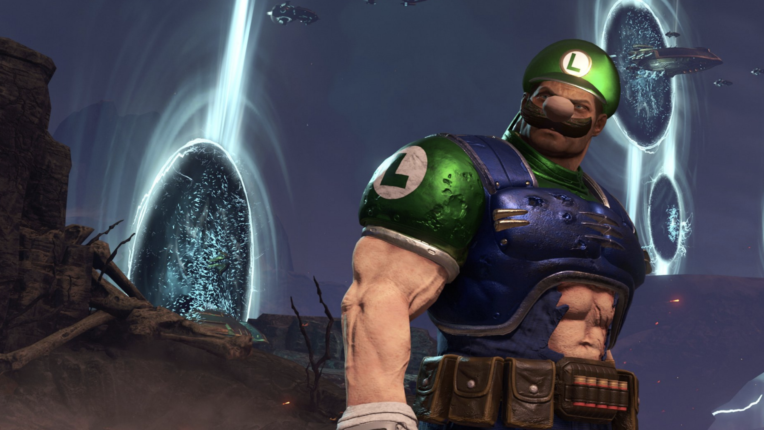 A muscular man in a green cap and armor with an "L" emblem stands in front of futuristic, glowing portals and a dark, alien landscape, as if guarding the hidden Video Game Secrets waiting to be discovered.