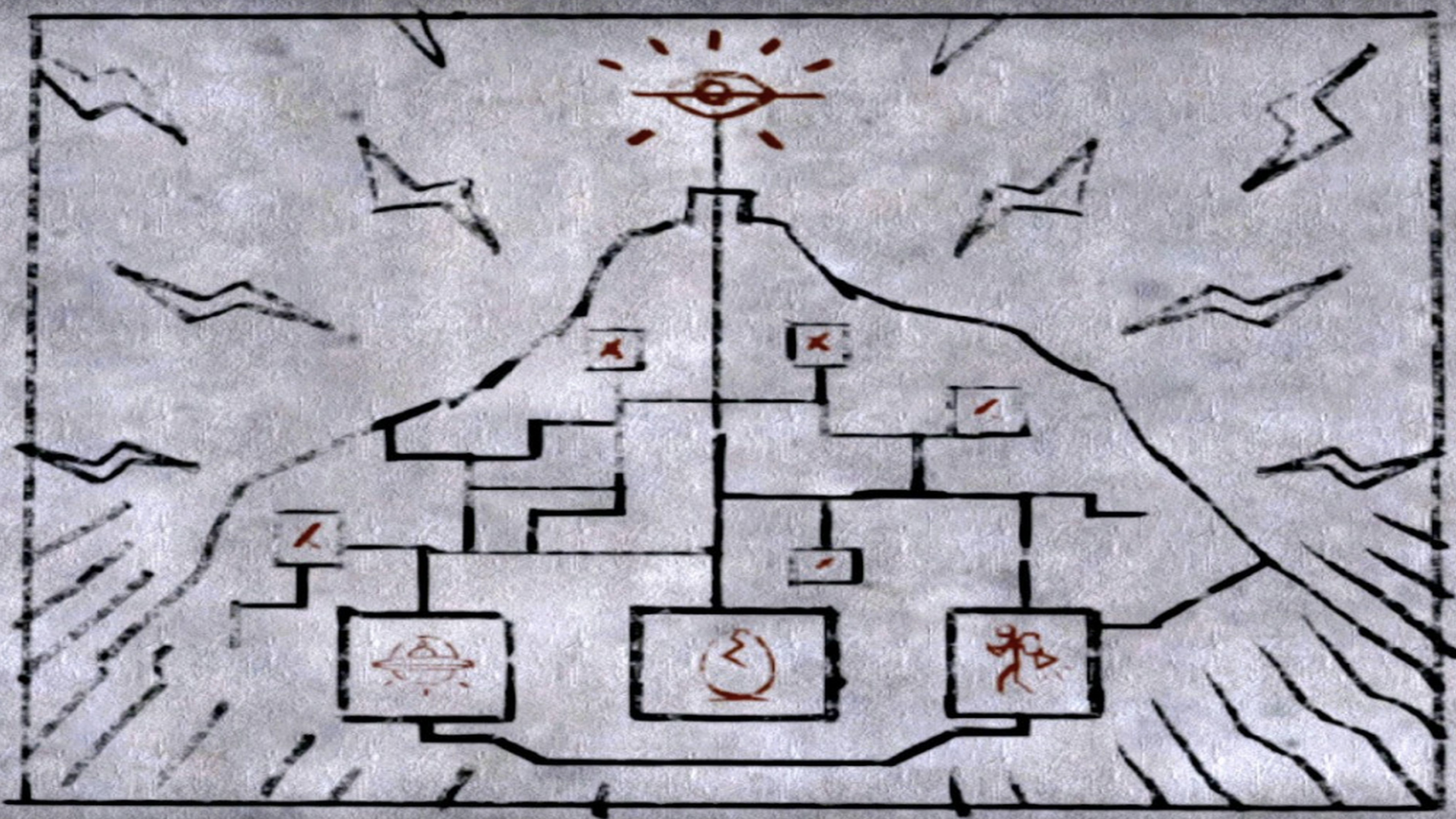 A hand-drawn map of a mountain with a path leading through rooms containing symbols, reminiscent of a classic video game, ending at an eye atop the peak. Lightning bolts surround the image, emphasizing the mountain’s summit.