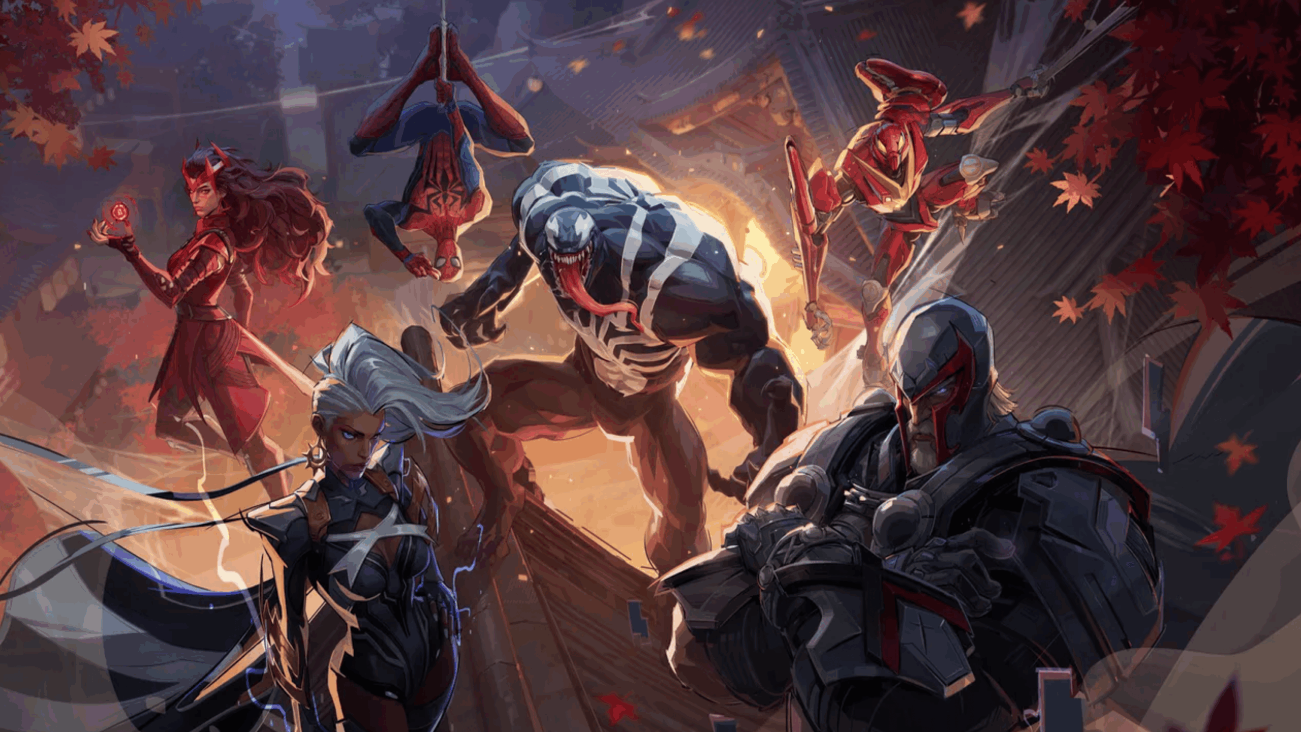 Six Marvel superheroes, including Spider-Man, Venom, Scarlet Witch, and Storm, pose dynamically in battle-ready stances on a rooftop with autumn leaves swirling around them, illuminated by dramatic lighting—capturing the intensity and excitement of a scene straight out of a video game.