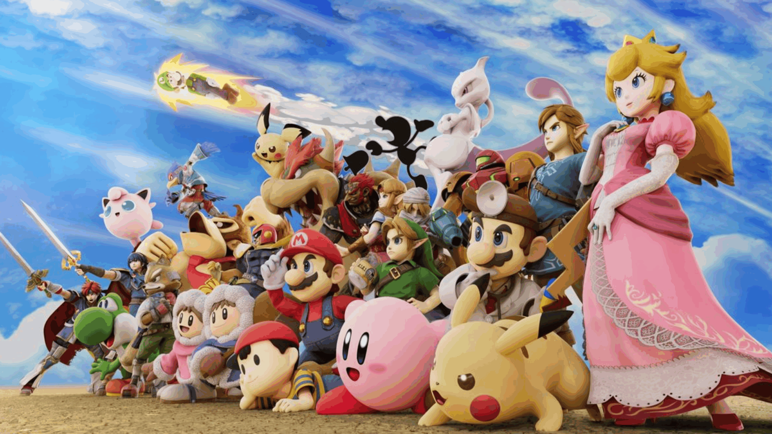 Video game characters from Super Smash Bros., including Mario, Pikachu, Kirby, Link, Princess Peach, and others, stand together on a dirt ground with a blue sky and clouds in the background, bringing this iconic video game scene to life.
