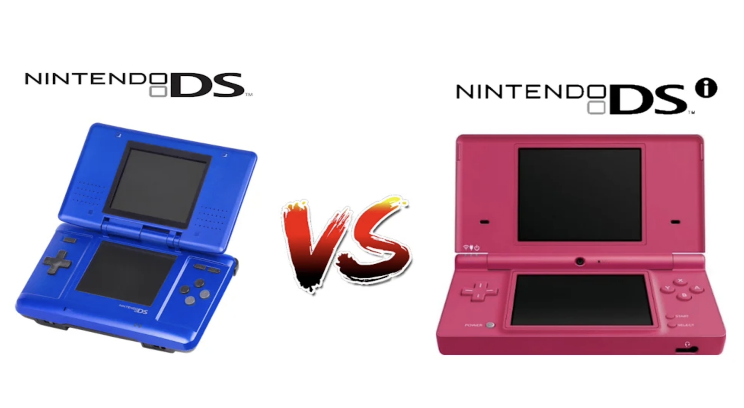A blue Nintendo DS and a pink Nintendo DSi are shown side by side with a “VS” graphic in between, comparing the two popular Nintendo consoles.