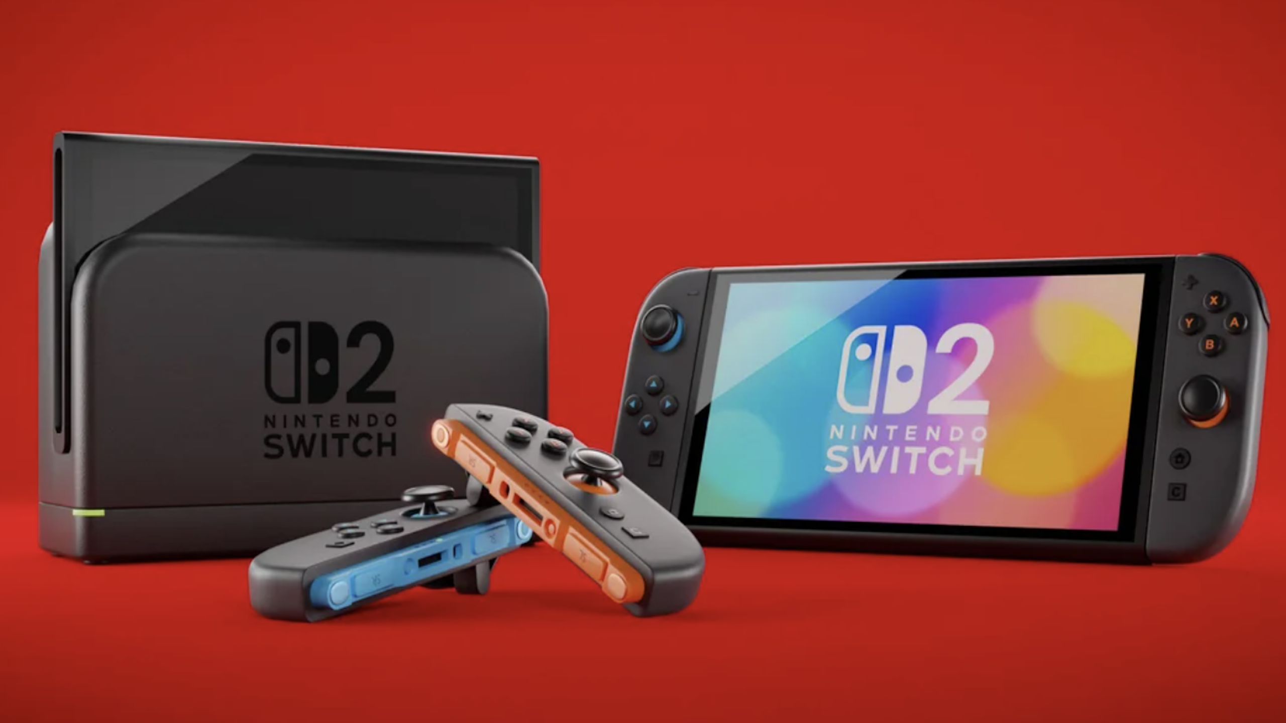 A Nintendo Switch 2 console—one of the latest Nintendo Consoles—with a dock, detachable blue and red controllers, and a screen displaying the Nintendo Switch 2 logo, set against a vibrant red background.