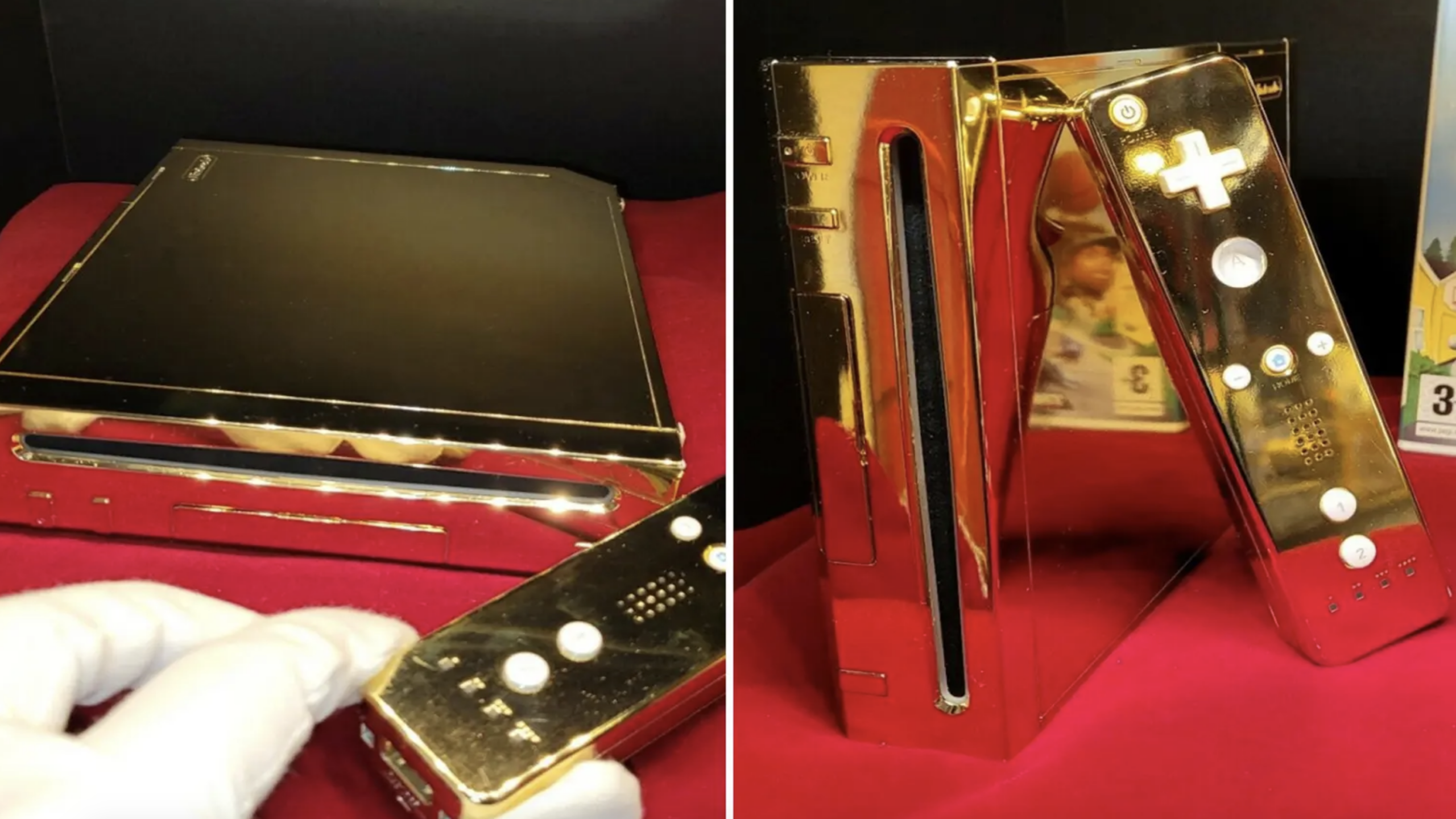 Two photos highlight one of the most exclusive gaming consoles: a shiny, gold-plated Nintendo Wii and its matching Wii Remote, both displayed on an opulent red velvet surface; in the left image, a white-gloved hand elegantly holds the remote.