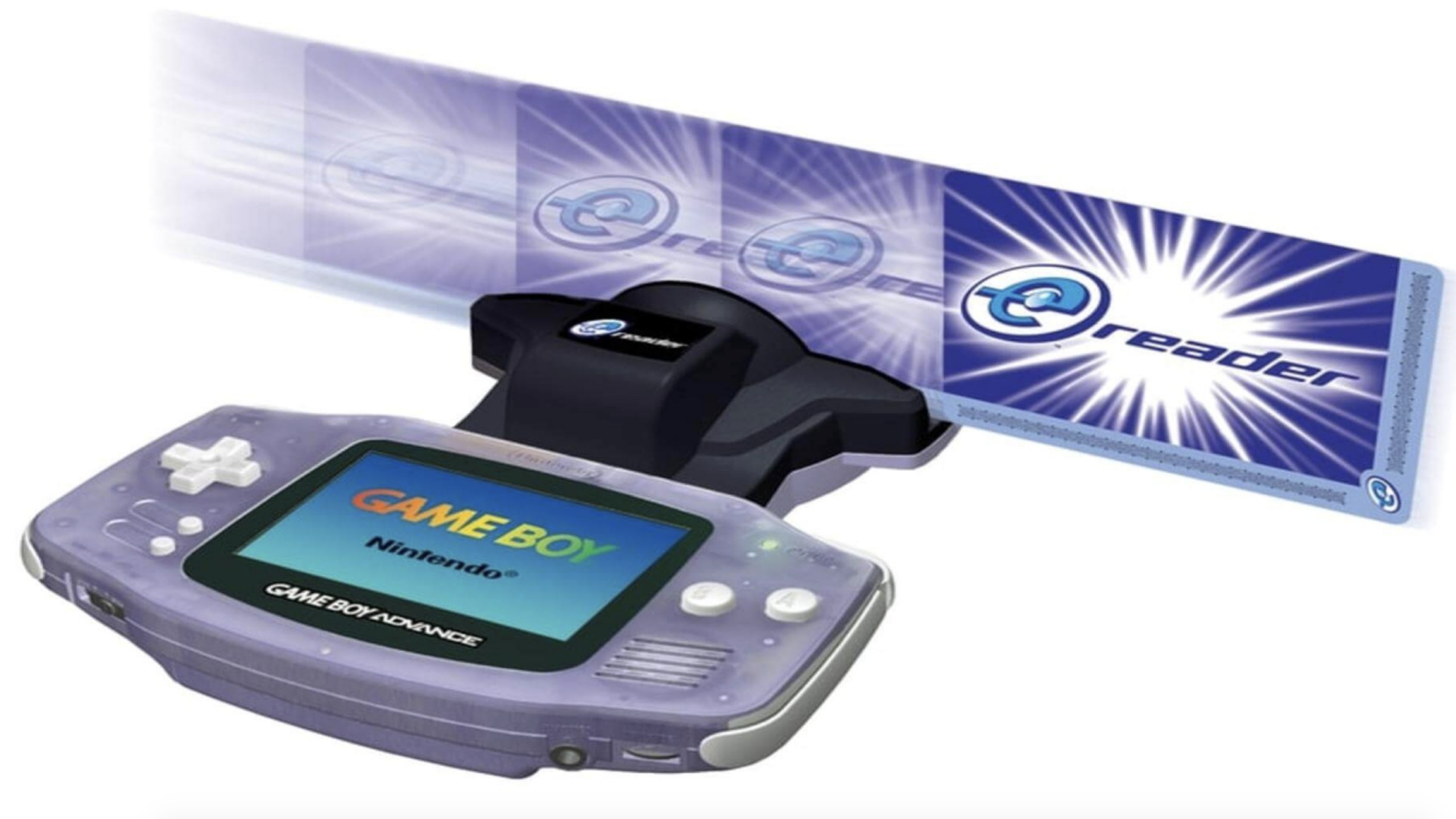 A purple Game Boy Advance with an e-Reader accessory attached, showcasing classic gaming accessories in action. A card is being swiped through the e-Reader, creating a motion blur effect as it passes through.