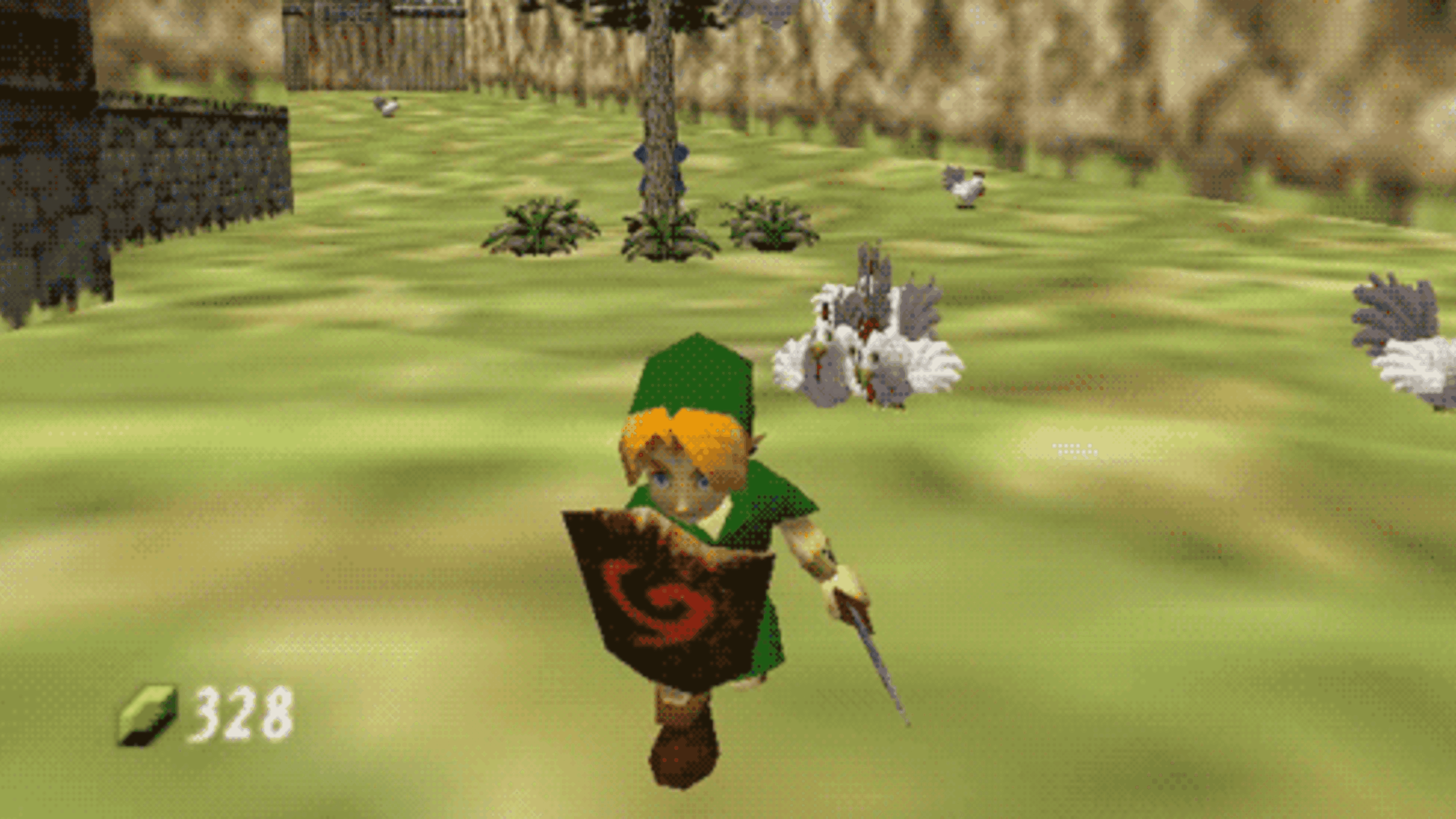 A character in green clothing, reminiscent of the heroes from Zelda Games, runs with a sword and shield in a grassy area, chased by several white chickens. A currency count of 328 is displayed in the lower left corner.