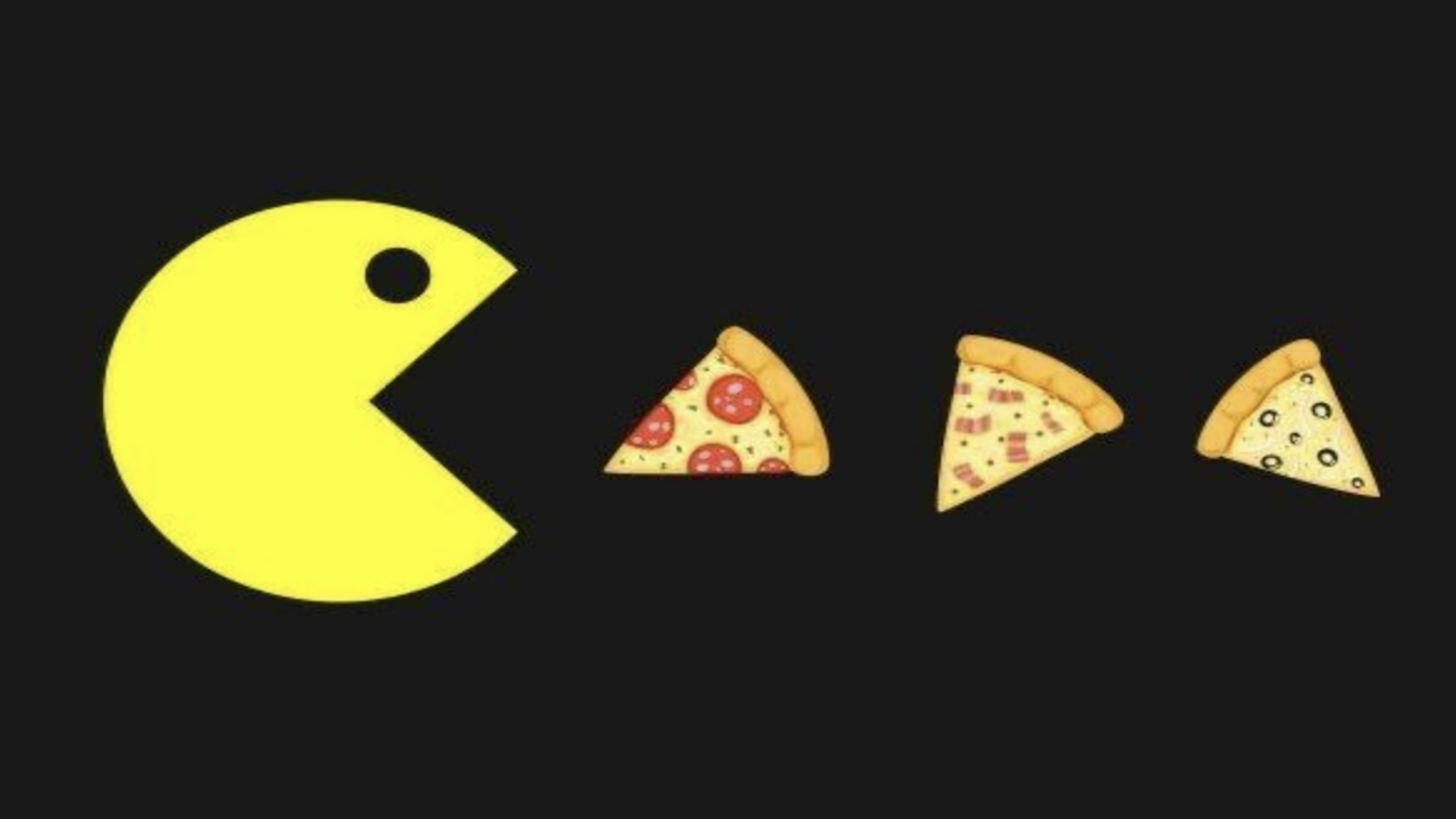 A yellow Pac-Man figure faces three pizza slice emojis arranged in a row, as if Pac-Man is about to eat them, all set against a black background—a playful nod to classic video game secrets.