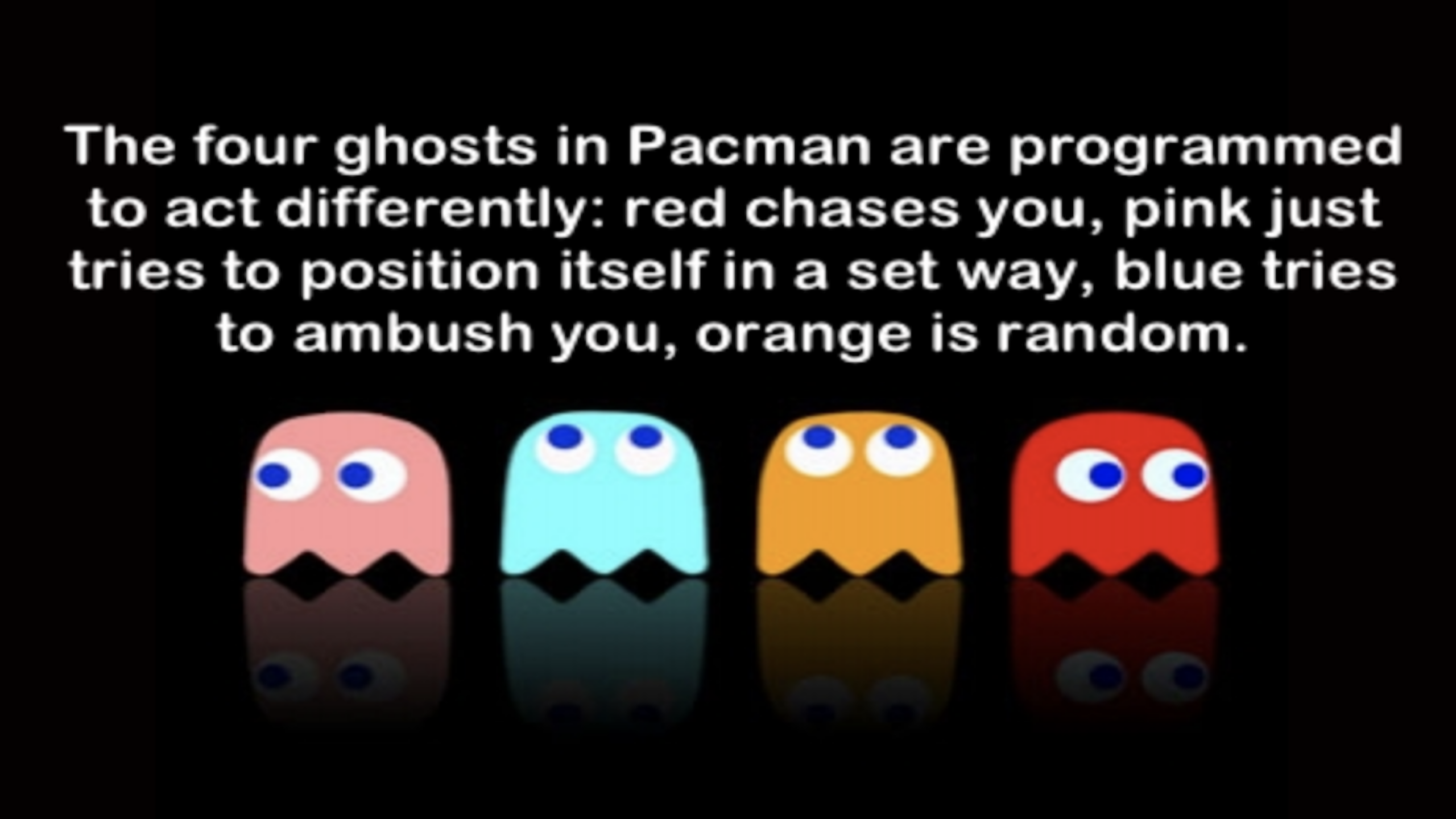 Four iconic Pac-Man ghosts from the classic video game—red, pink, blue, and orange—are shown with text above each one explaining their unique behaviors: red chases, pink positions, blue ambushes, and orange moves randomly.