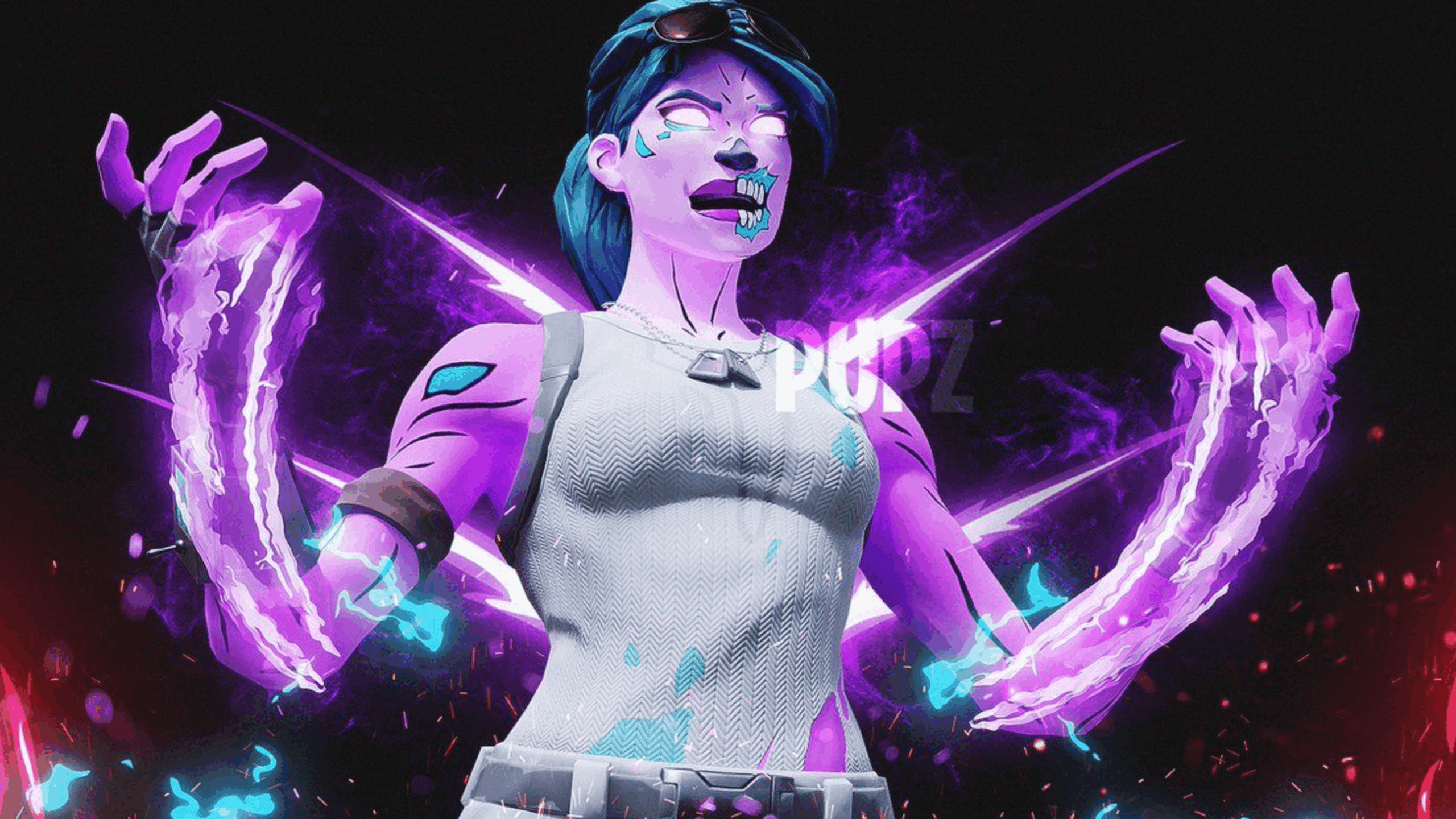 A Fortnite character with glowing purple skin and eyes stands with arms raised, emitting vibrant, electric energy from her hands against a dark background—a striking addition to the collection of iconic Fortnite Skins.