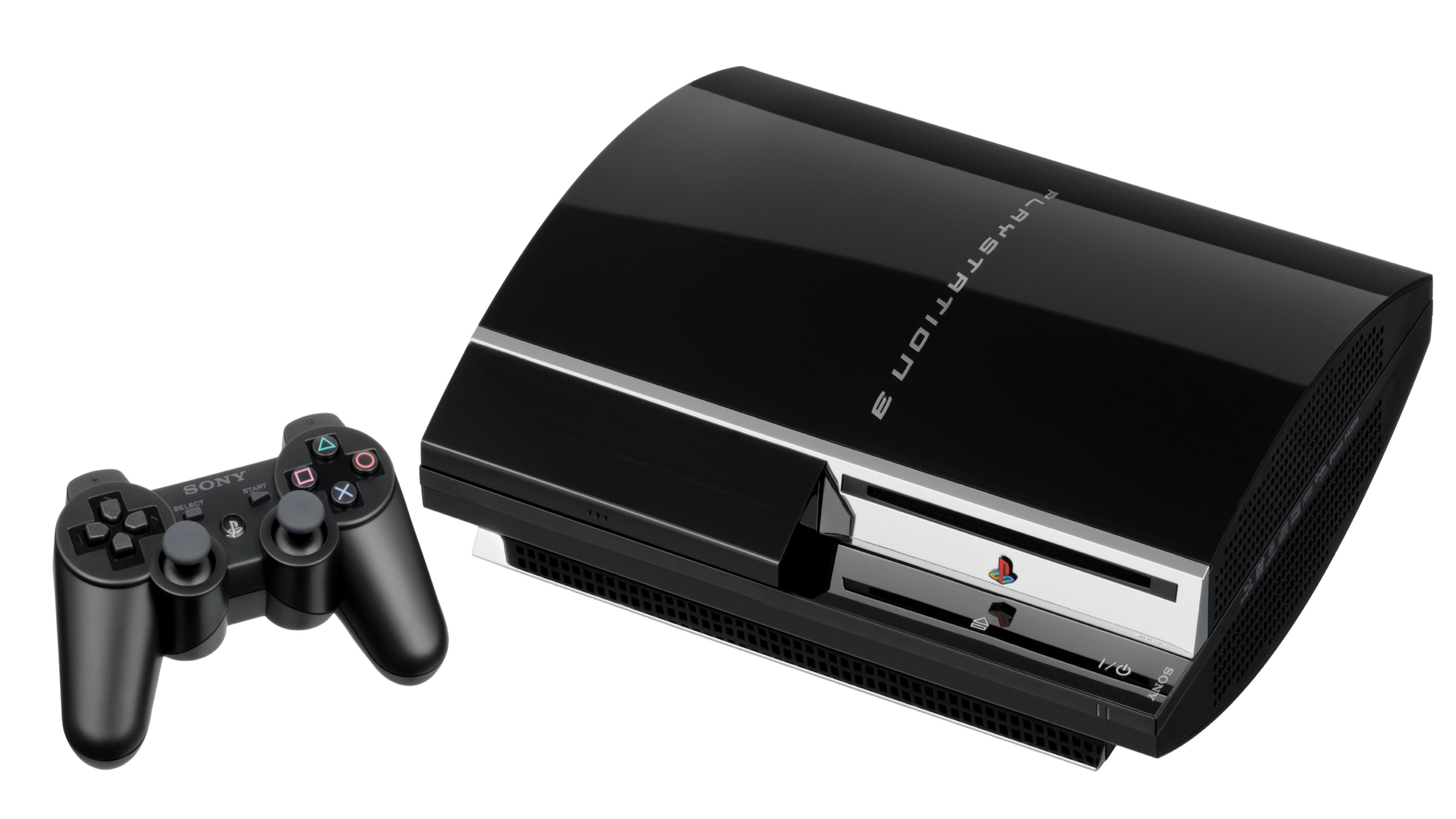 A black PlayStation 3 console is shown next to a matching wireless PlayStation controller against a white background.