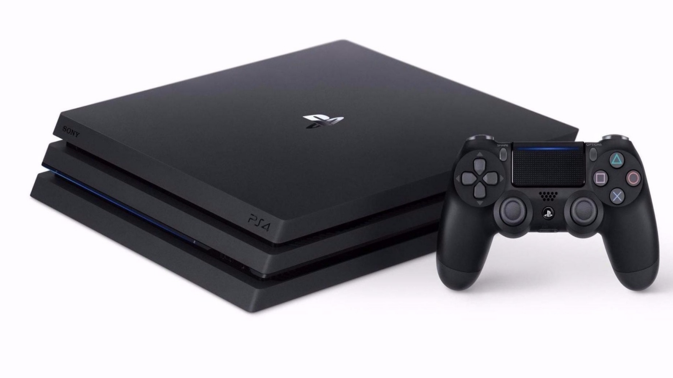 A sleek black PlayStation 4 Pro console is shown next to a matching DualShock 4 wireless controller on a white background.