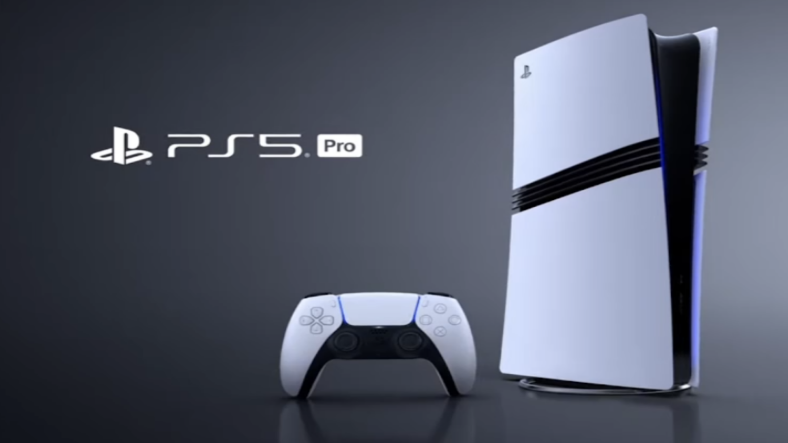 A PlayStation 5 Pro console stands upright next to a white and black DualSense controller on a dark background, with the PS5 Pro logo displayed to the left.