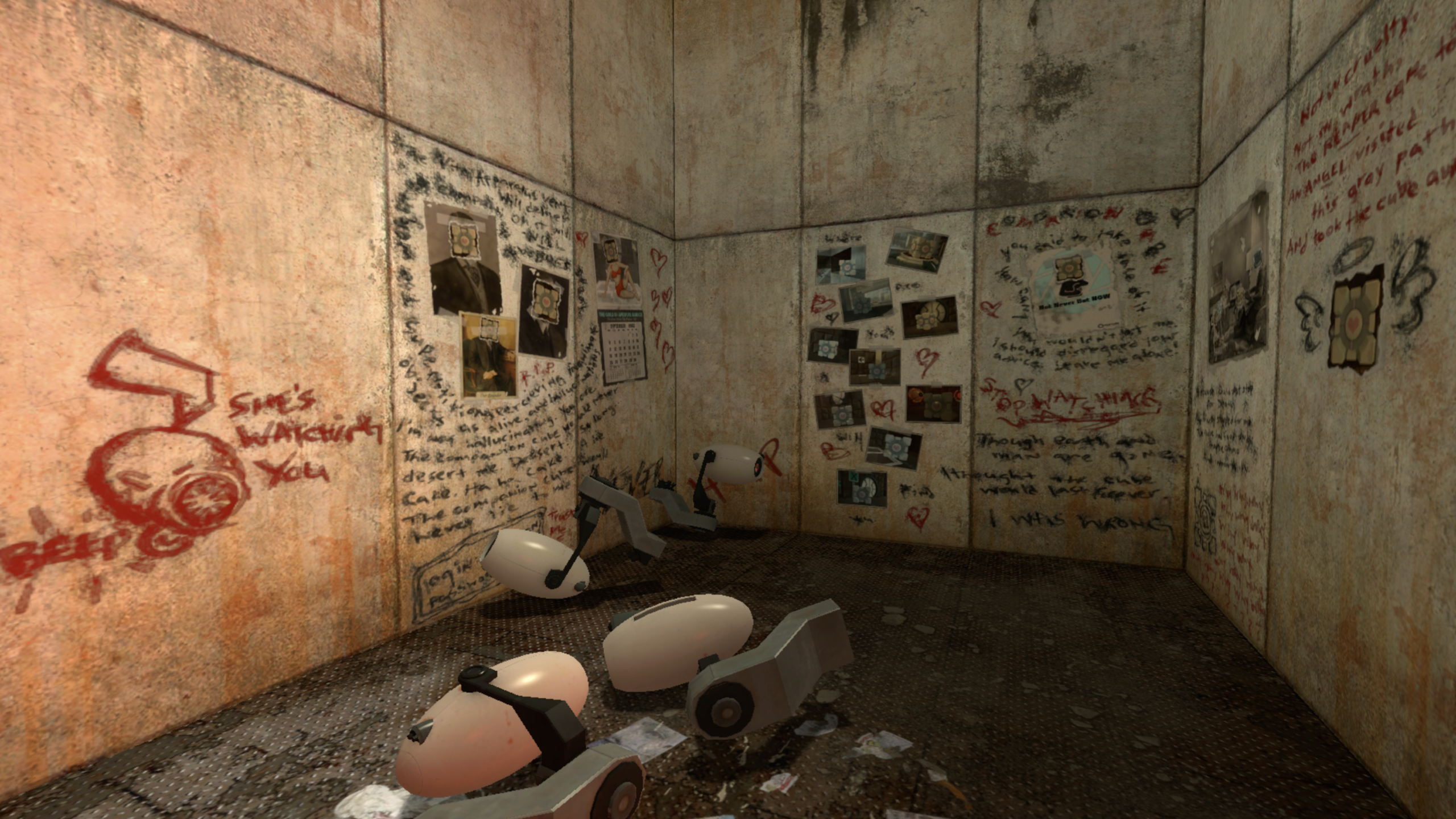 A grimy, graffiti-covered room reminiscent of a Video Game setting, with dirty walls, scattered photos, drawings, scribbled notes, and broken robotic turrets lying on the floor. Red, black, and brown writing covers most surfaces.