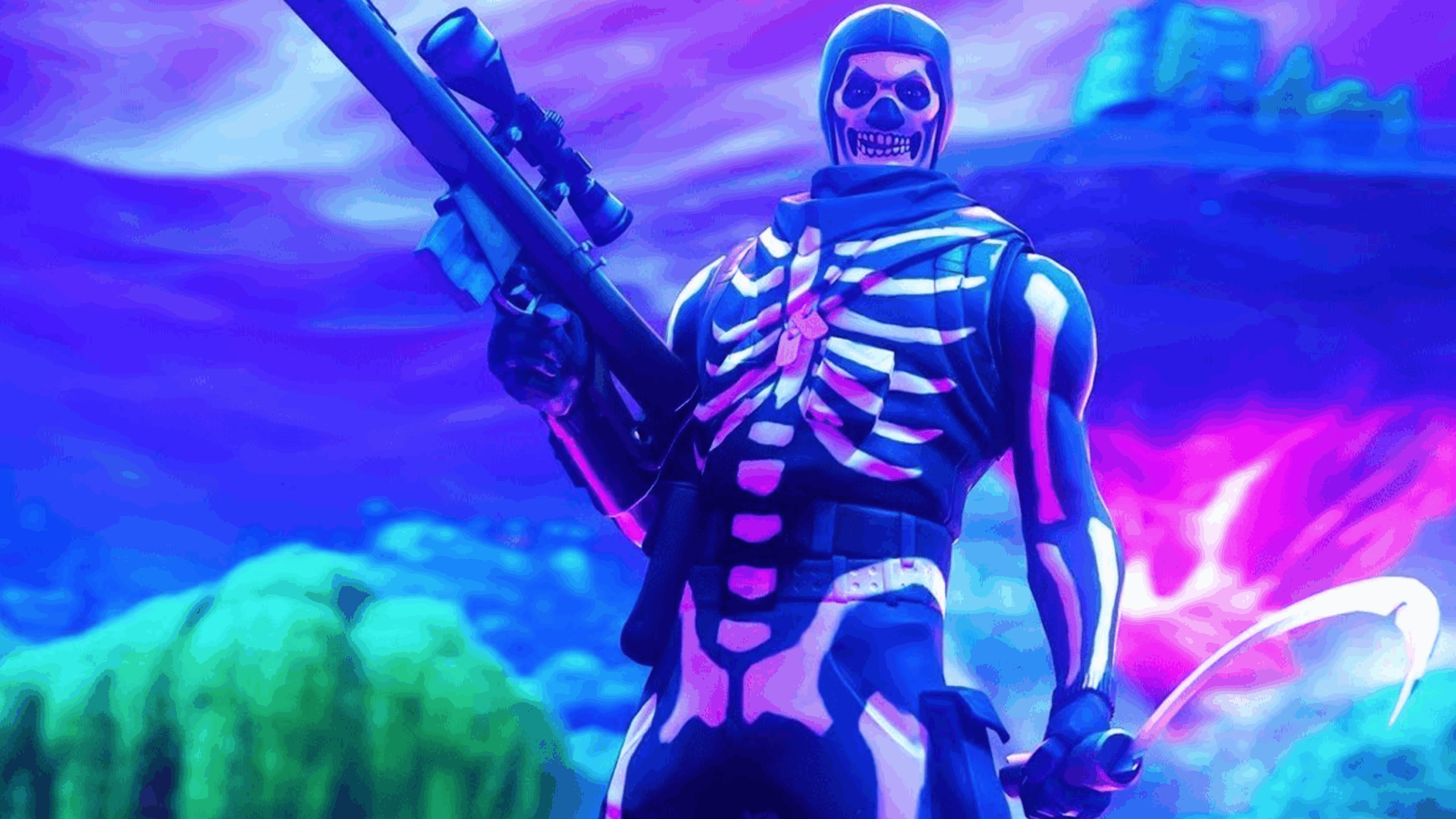 A Fortnite character in a skeleton costume, inspired by popular Fortnite Skins, holds a sniper rifle and scythe while standing in a vibrant, colorful landscape with purple and blue hues.