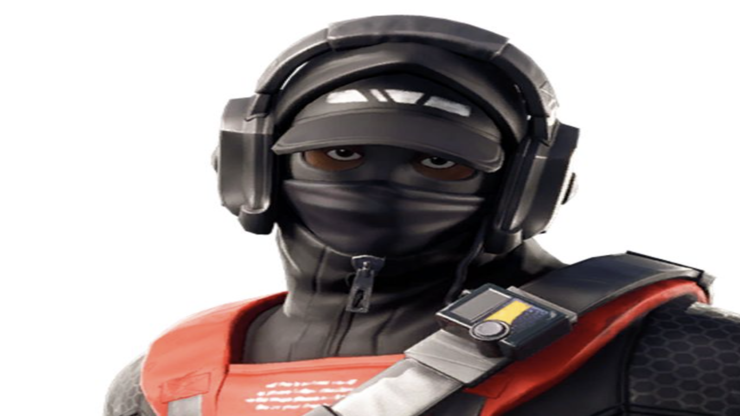 A video game character in black tactical gear, a cap, mask, and headphones, wearing a red vest with a device strapped to the chest, facing forward against a white background.