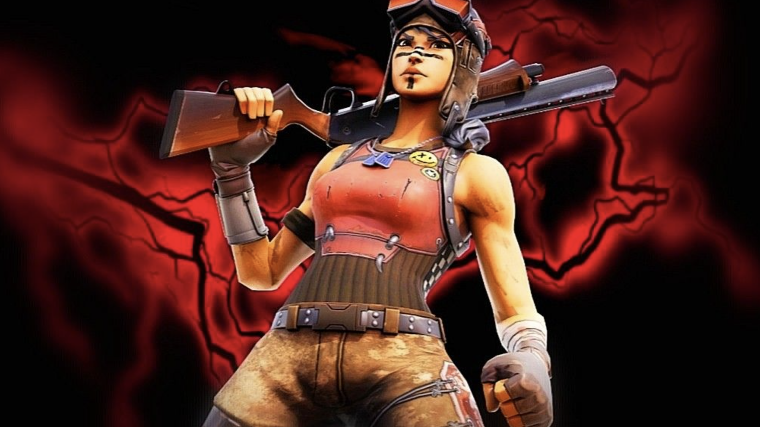 A Fortnite character in a red tank top, aviator goggles, and brown pants holds a shotgun over their shoulder, standing confidently with a red, cracked lightning background—one of the boldest Fortnite Skins to command attention on the battlefield.