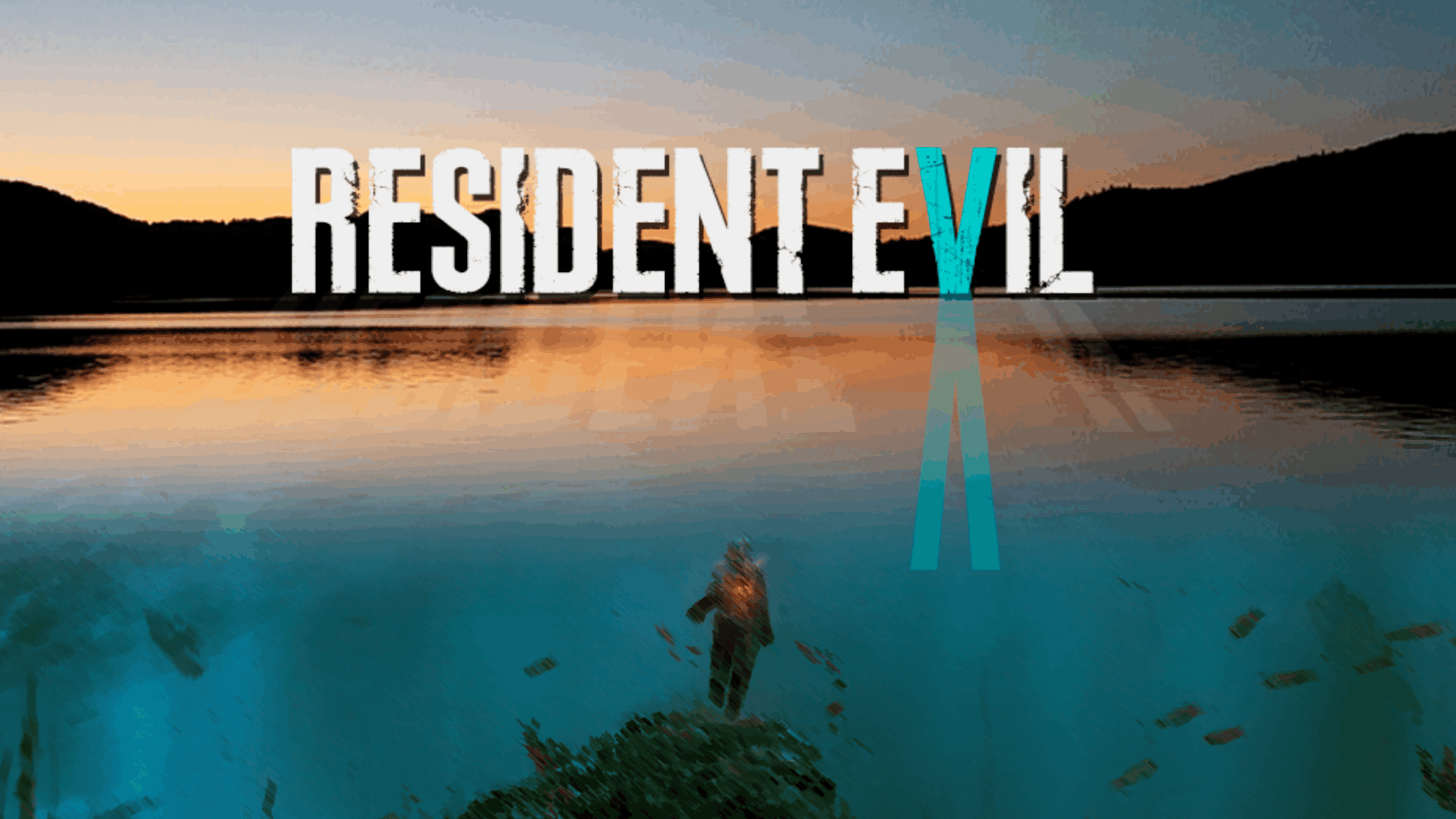 A diver explores underwater ruins in a lake at sunset, with the text "RESIDENT EVIL" partially submerged and reflected in the water, evoking the immersive experience of classic physical games.