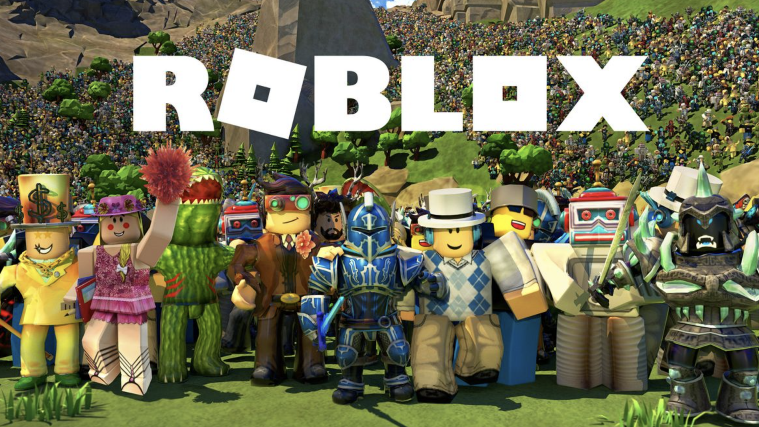 A group of colorful Roblox characters stand in front of a cheering crowd with the white "ROBLOX" logo above them against a mountainous background, capturing the excitement and creativity of this popular video game.