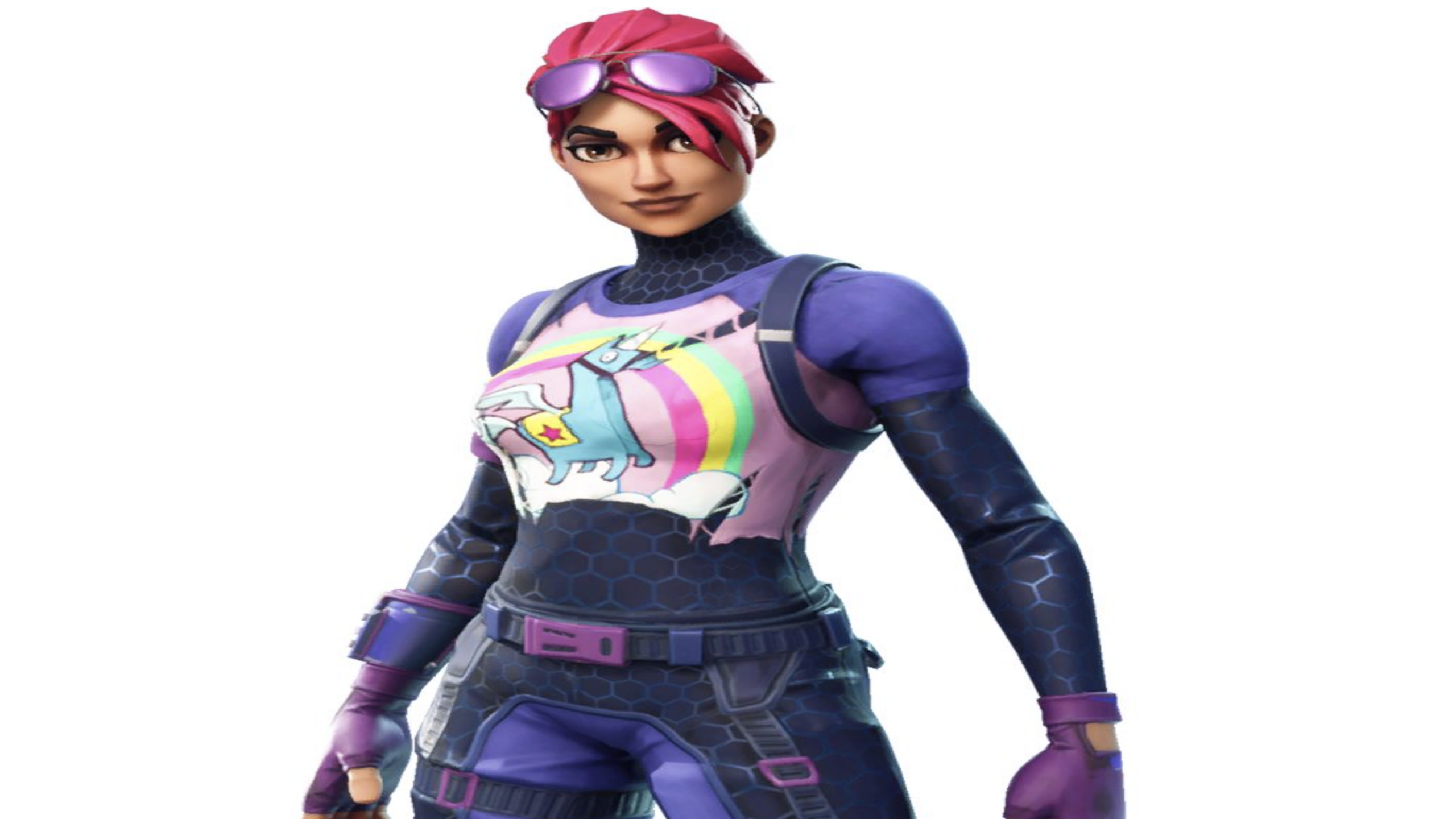 A Fortnite character with pink hair, purple sunglasses, and a suit featuring a smiling llama with a rainbow on the chest stands against a white background—showcasing one of the most vibrant and playful Fortnite Skins.