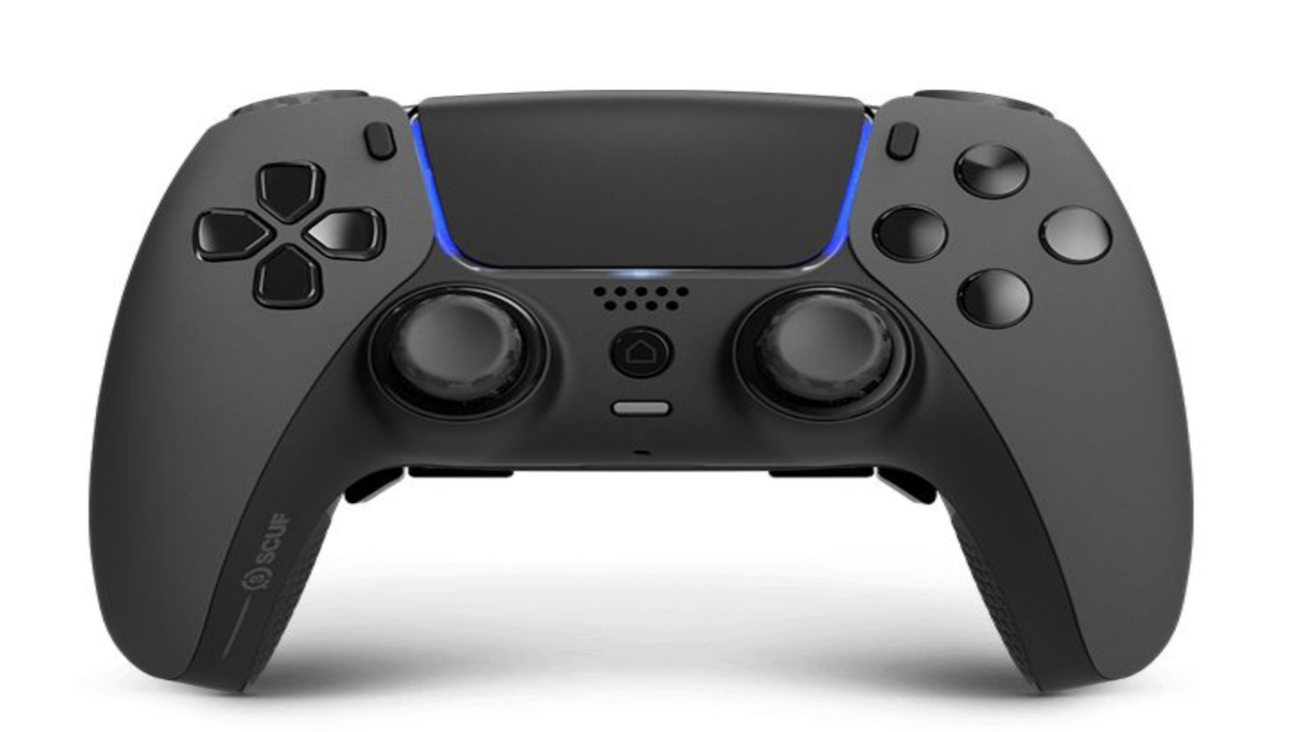 An expensive gaming black wireless video game controller with two joysticks, directional pad, four buttons, and a central touchpad, shown against a white background.