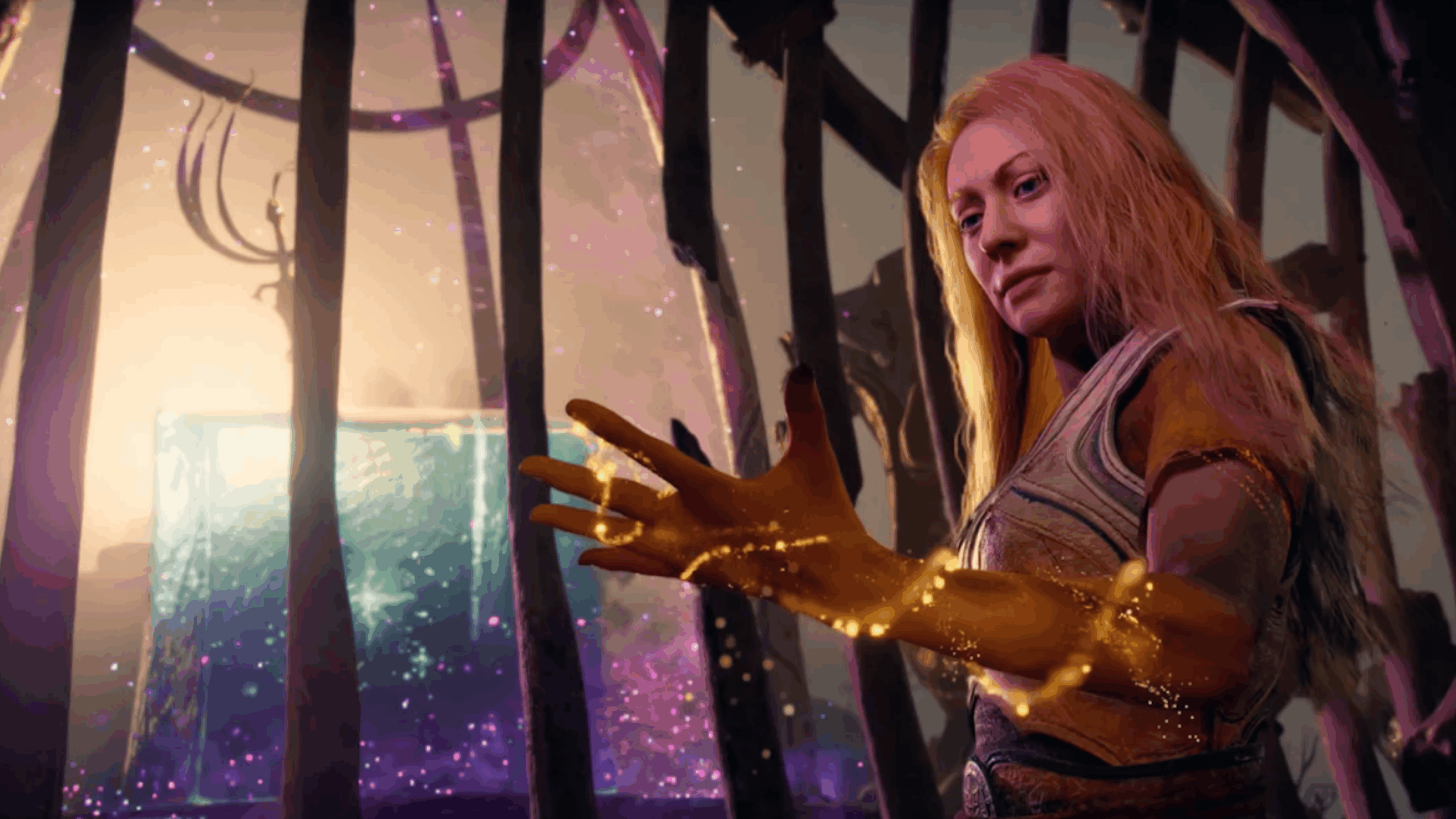 A woman with long blond hair stands in a fantasy setting, her arm glowing with golden magical energy as if she's channeling the fervor of intense physical games, surrounded by tall, dark structures with a glowing blue light in the background.