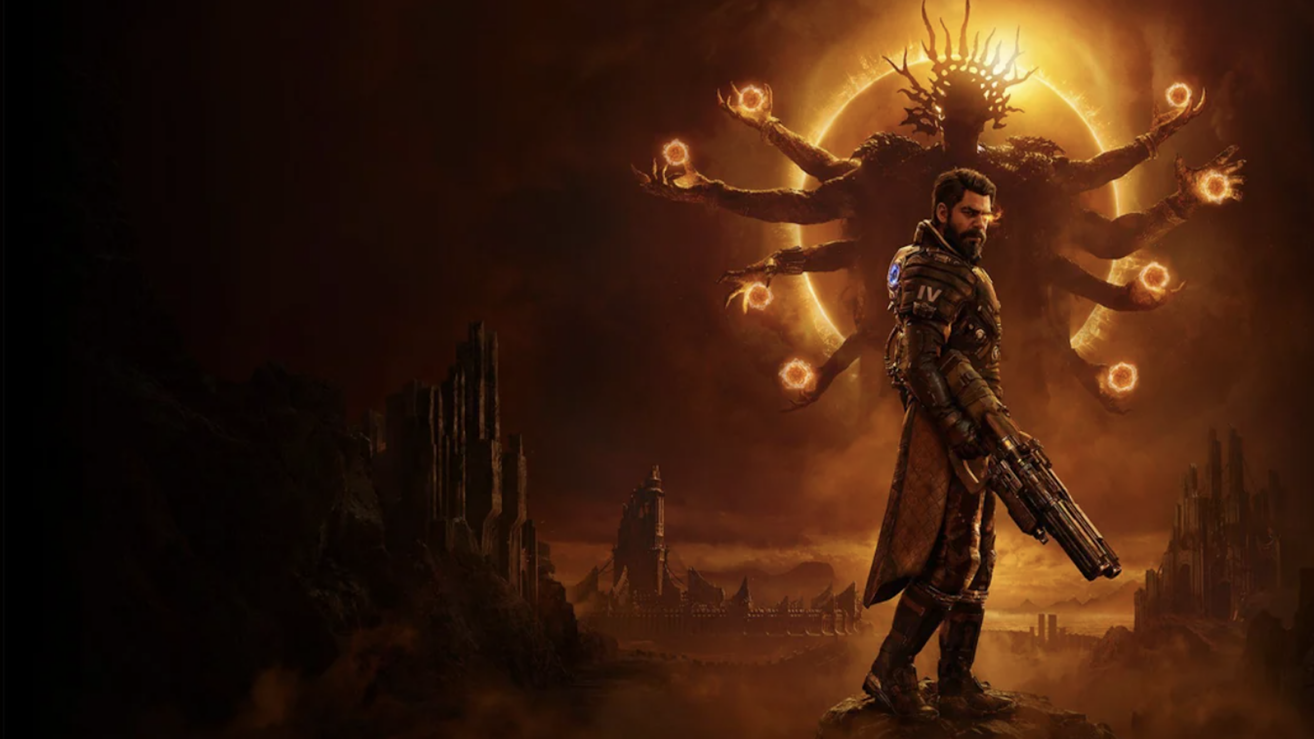 A man in futuristic armor holds a large gun, standing before a glowing figure with multiple arms and a fiery halo, set against a dark, rocky landscape—a scene reminiscent of intense Physical Games, where power and skill collide in epic confrontations.