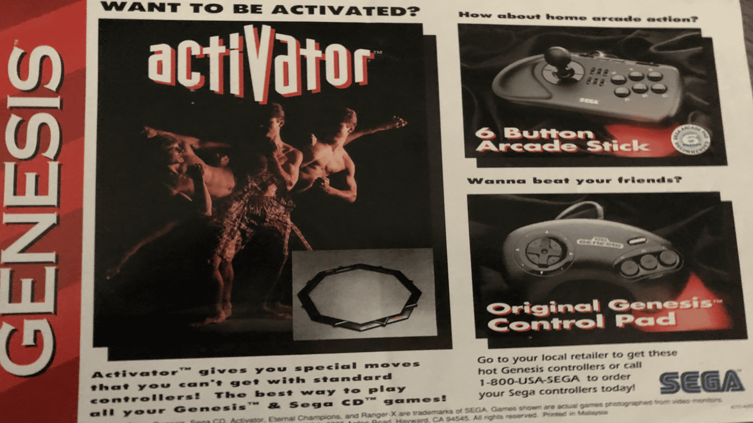 Ad for Sega Genesis controllers showing a group dancing with an Activator motion controller, plus images of a 6 Button Arcade Stick and an Original Genesis Control Pad. Text invites users to activate games with these gaming accessories.