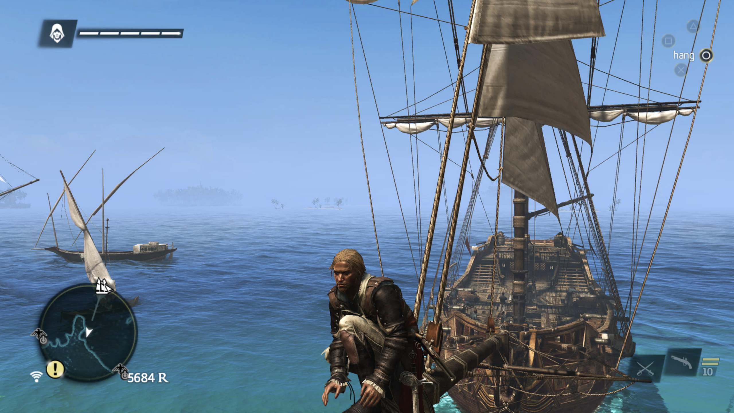 A video game character in pirate attire crouches on the bowsprit of a sailing ship at sea, with other ships and distant islands visible under a clear blue sky. Game interface elements inspired by GTA VI are displayed on screen.