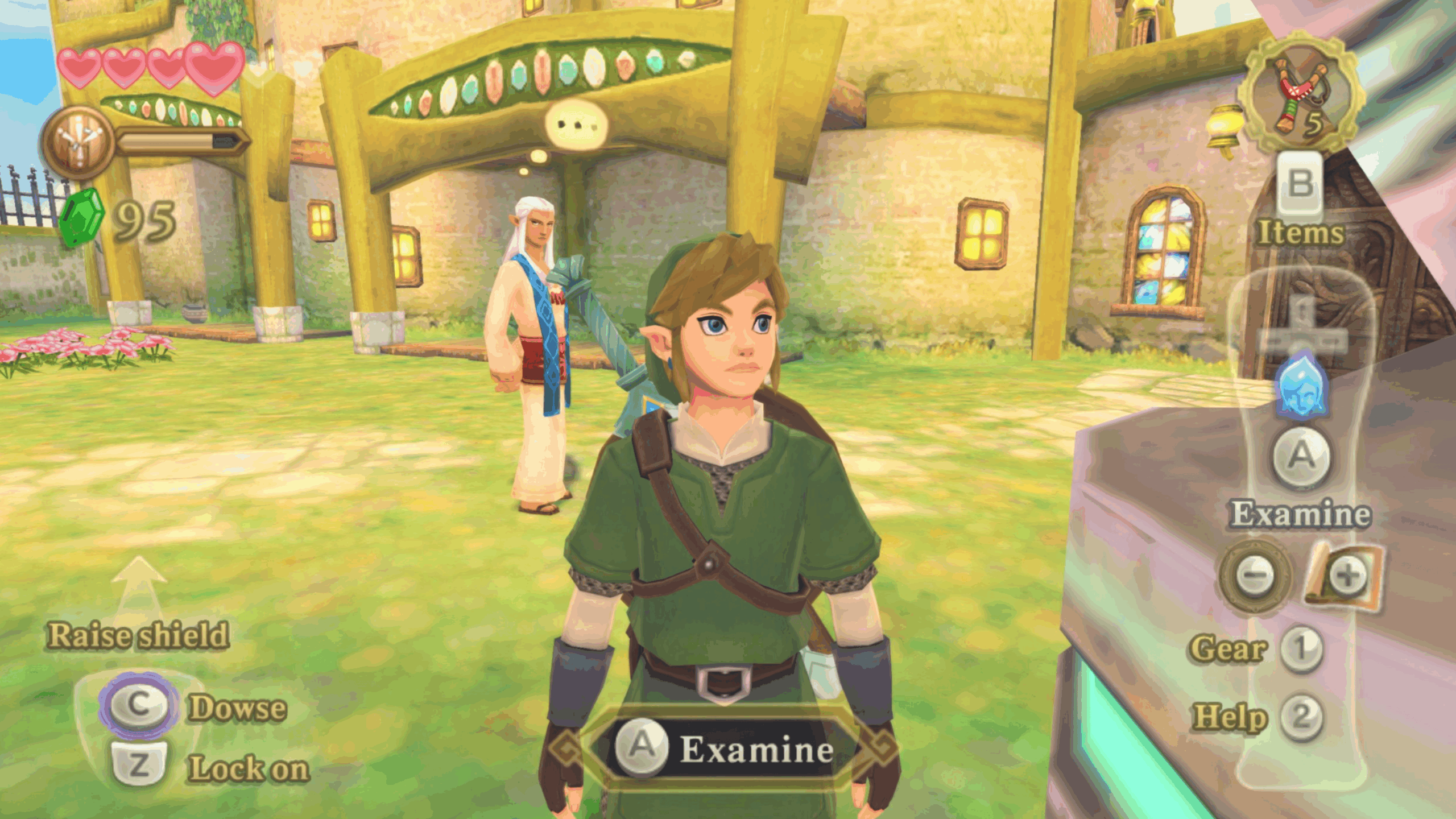 A video game character in green, reminiscent of the heroes from Zelda games, stands outdoors near a building, with game controls and status icons displayed on screen. Another character in white robes stands in the background with a speech bubble over their head.