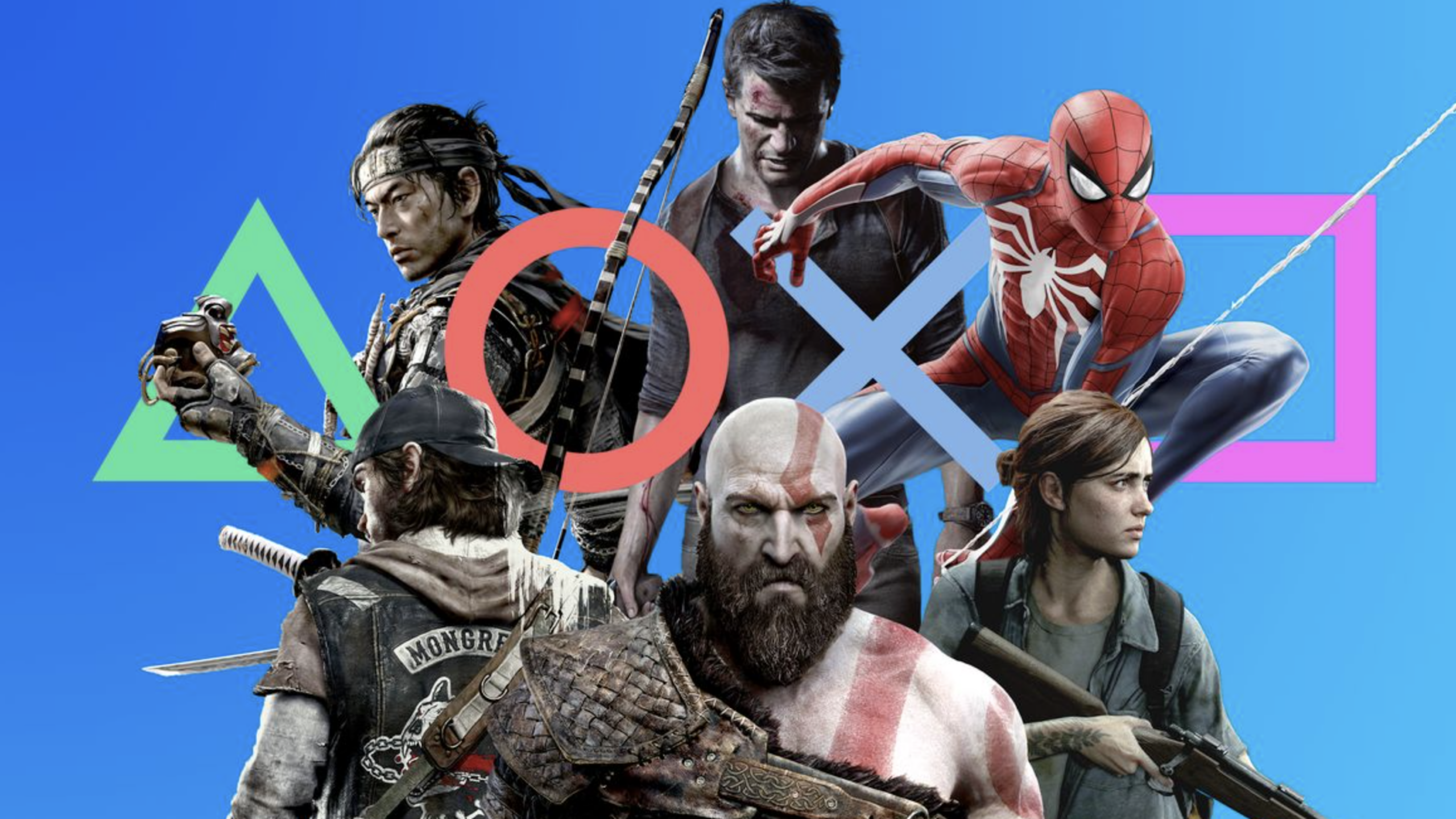 Five video game characters pose in front of a blue background with iconic PlayStation shapes: triangle, circle, X, and square.