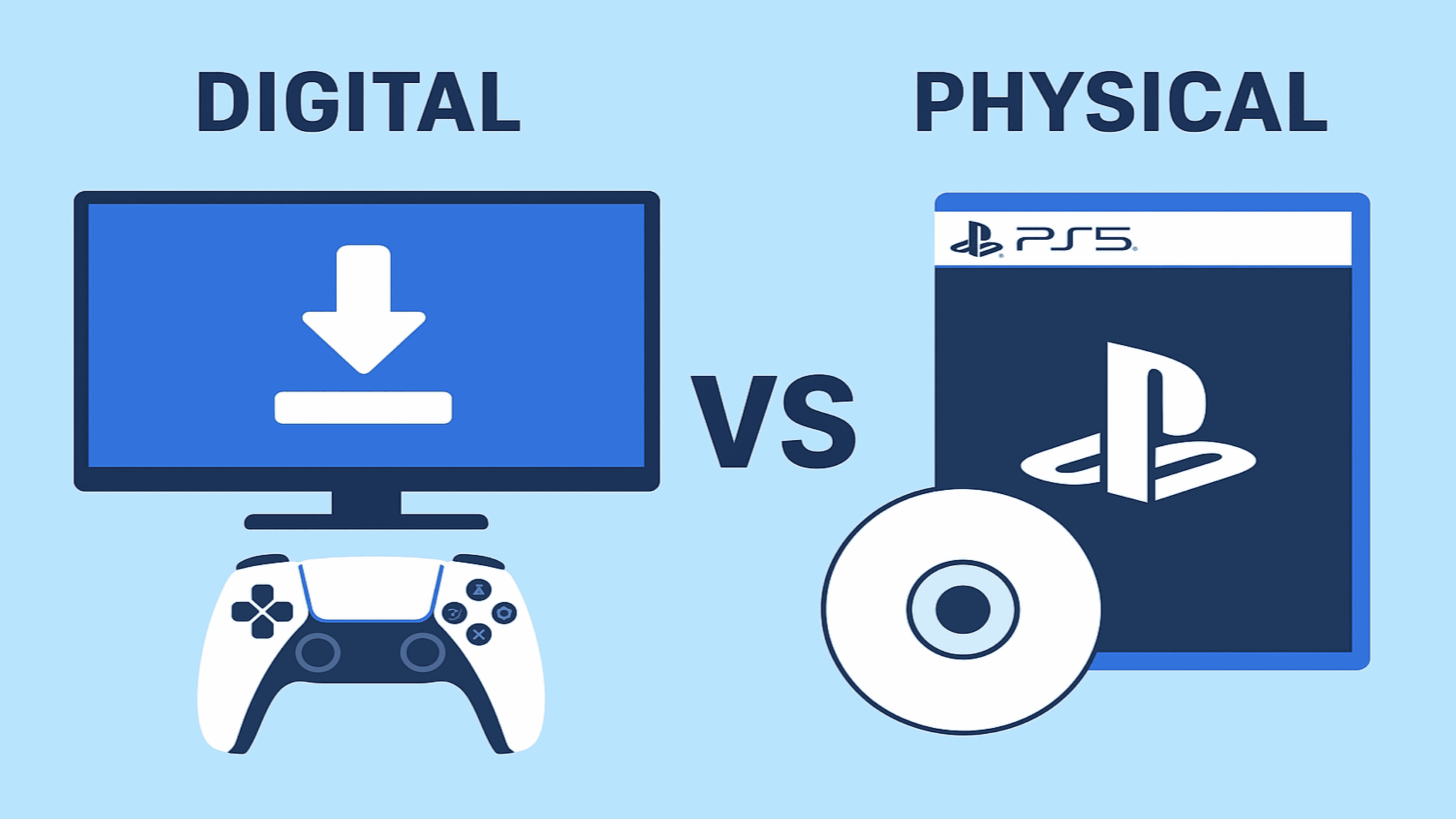Digital vs Physical games: A monitor with a download icon and controller on the left, and a PS5 game case with a disc on the right, both on a blue background—highlighting the classic choice between digital downloads and Physical Games.