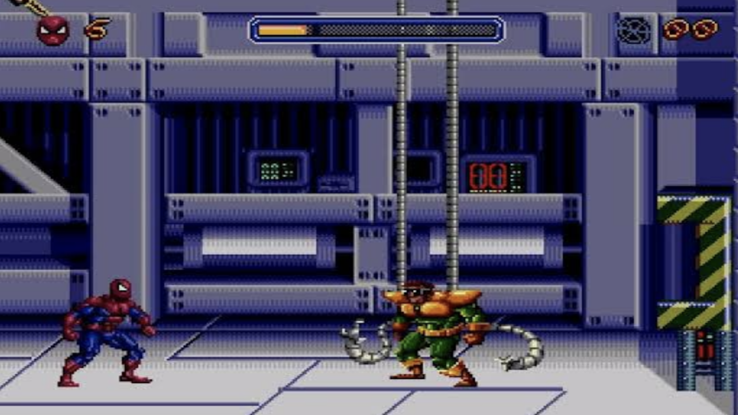 Spider-Man faces Doctor Octopus in a side-scrolling video game, set in an industrial, metallic environment with machinery and pipes in the background. As Spider-Man swings through the level, he must use his agility and web-slinging abilities to overcome obstacles and defeat his formidable foe.