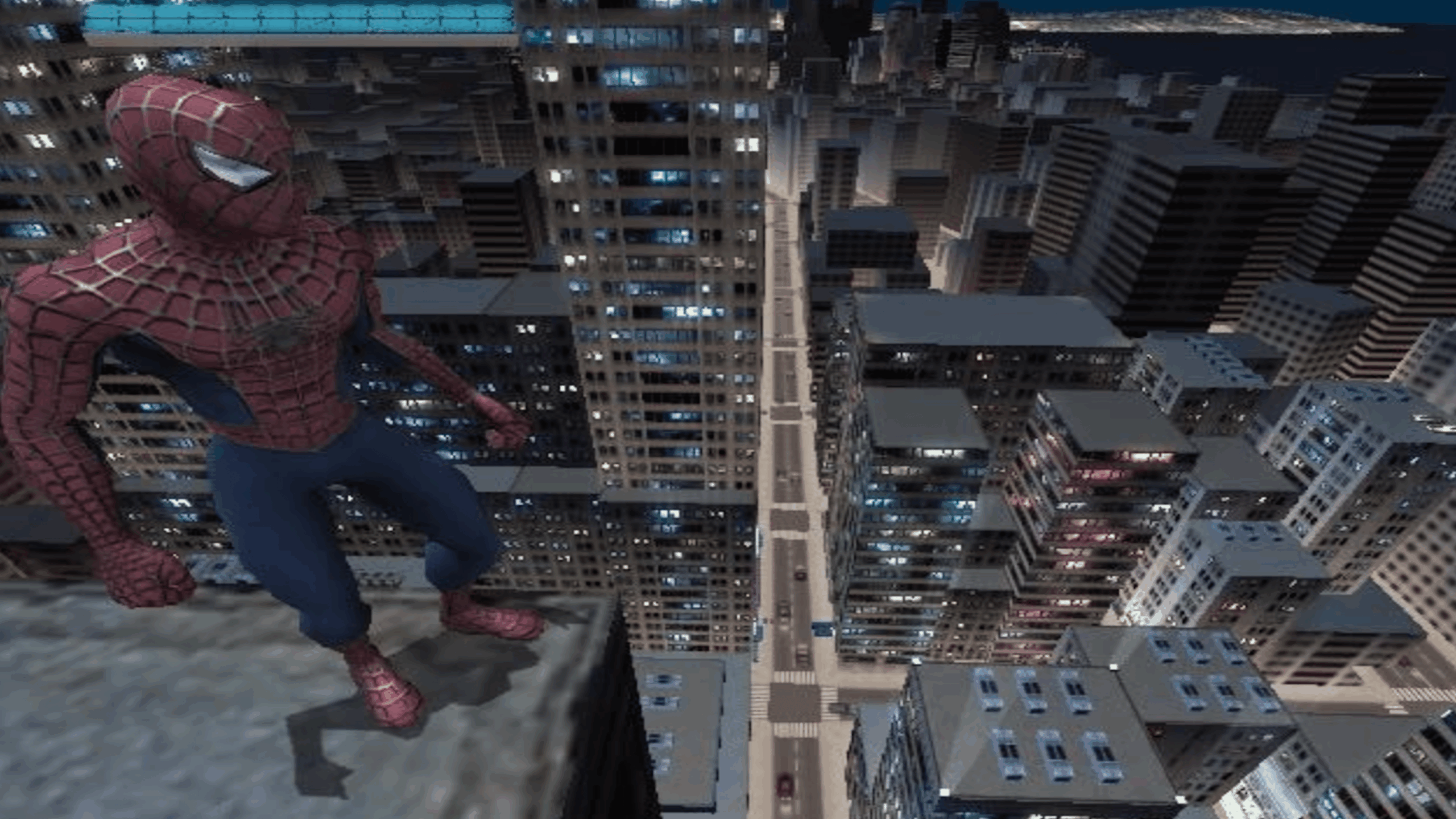 A character in a red and blue superhero suit stands on a rooftop, overlooking a cityscape at night with tall buildings and lit windows stretching into the distance—a scene reminiscent of Spider-Man as he watches over the city.