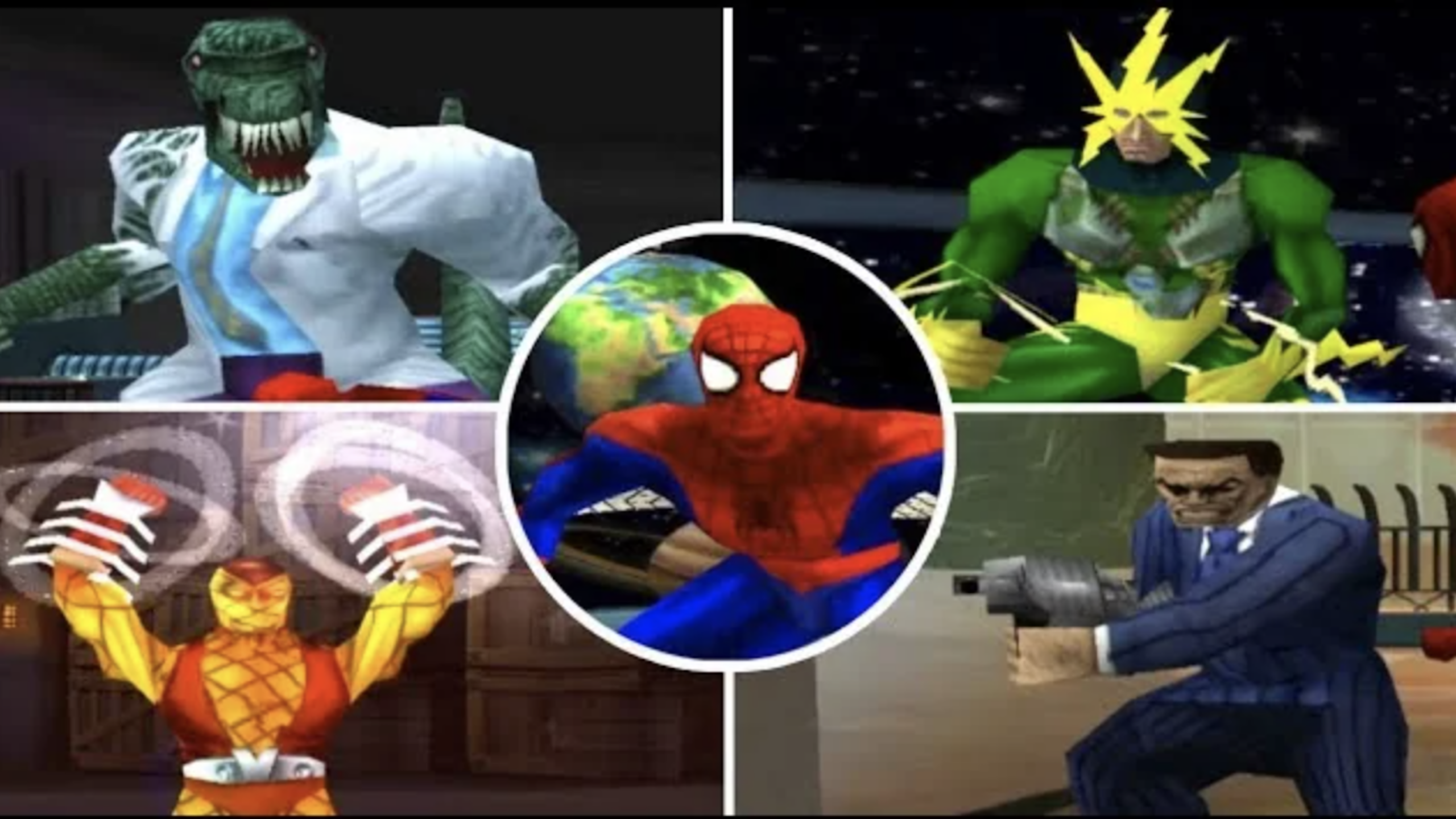 Five cartoon-style characters from a video game, featuring Spider-Man in the center, are surrounded by four villains with unique costumes and powers, set against various backgrounds.