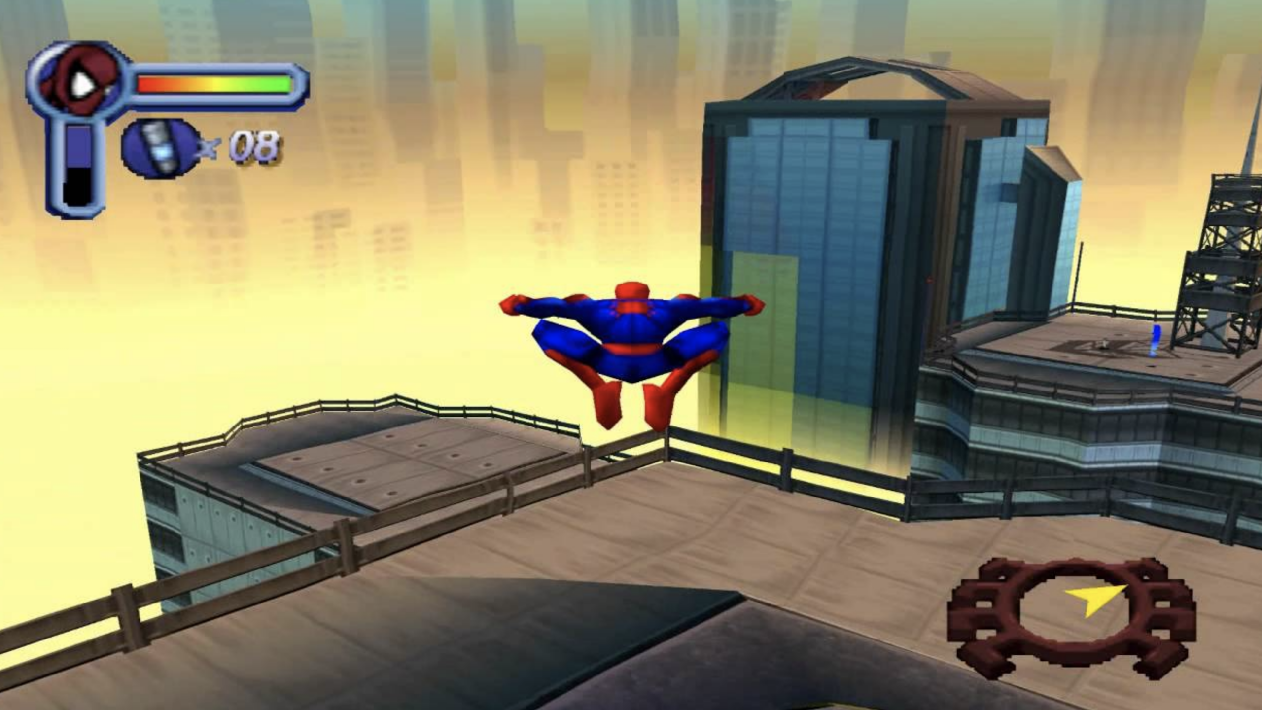 Spider-Man glides above city rooftops in a 3D Spider-Man video game, with health and web meters visible on the screen and a compass in the corner.