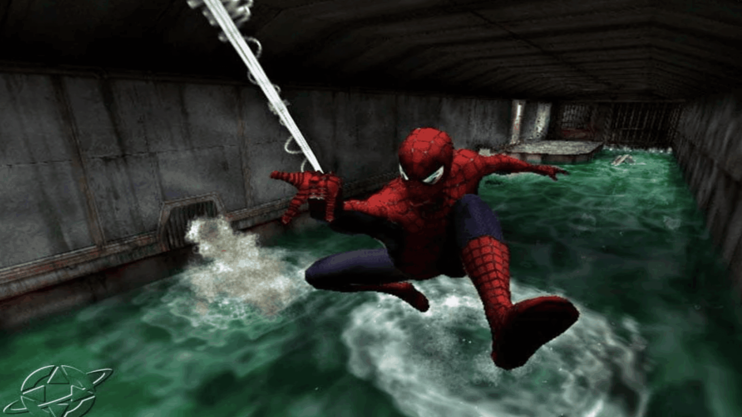 Spider-Man swings on a web through a flooded, dark sewer with concrete walls, splashing water below him and a Spider-Man emblem gleaming on his suit as a metal grate is visible in the background.