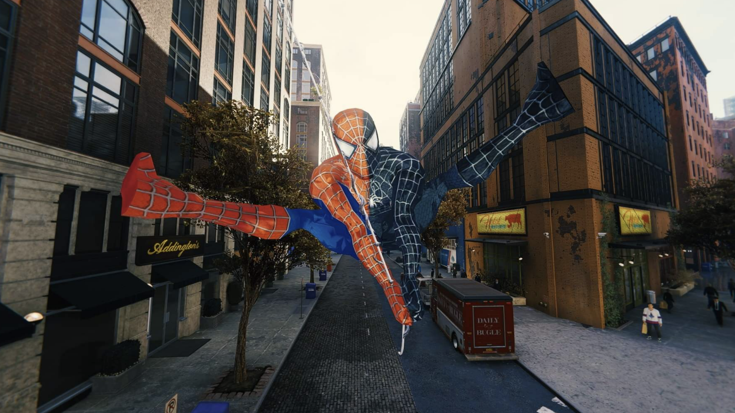 Spider-Man is leaping in a split pose between two buildings on a city street, the iconic Spider-Man suit strikingly split down the middle into classic red-blue and sleek black colors.